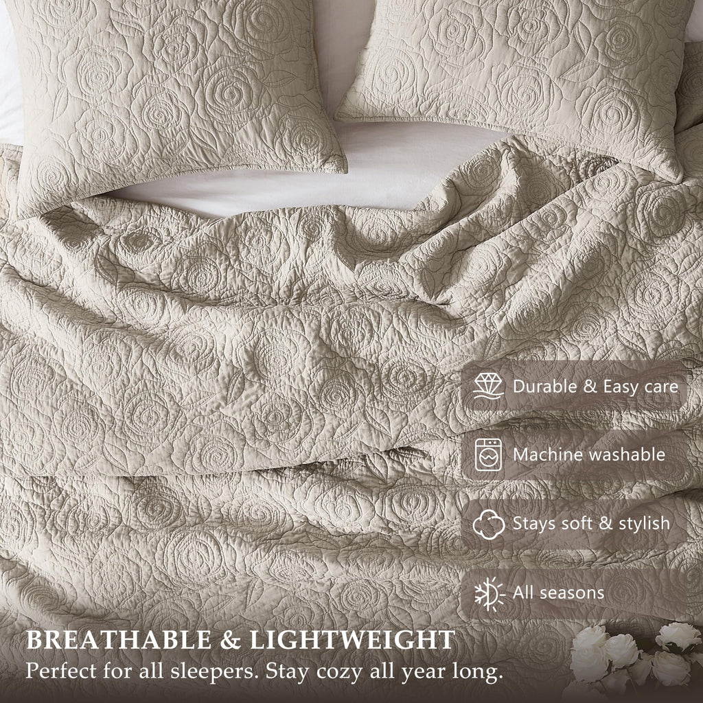 Beige 100% Cotton Quilt Bedding Sets with 2 Pillow Shams, Floral Rosette Lightweight Bedspread Soft