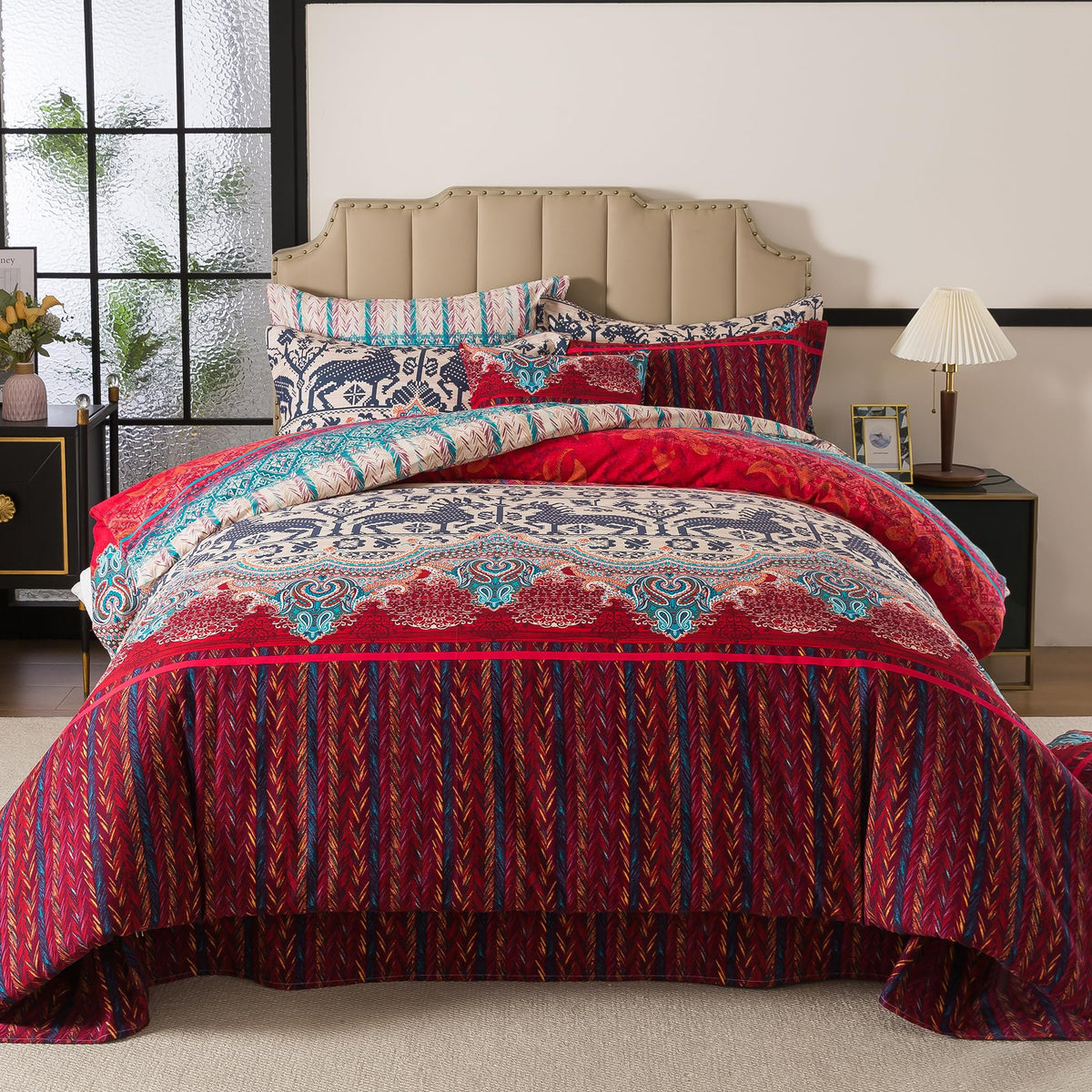 Exotic Boho Duvet Cover Set Queen 100% Brushed Cotton Soft Bohemian Bedding Paisley Ethnic Colorful Printed Bedding