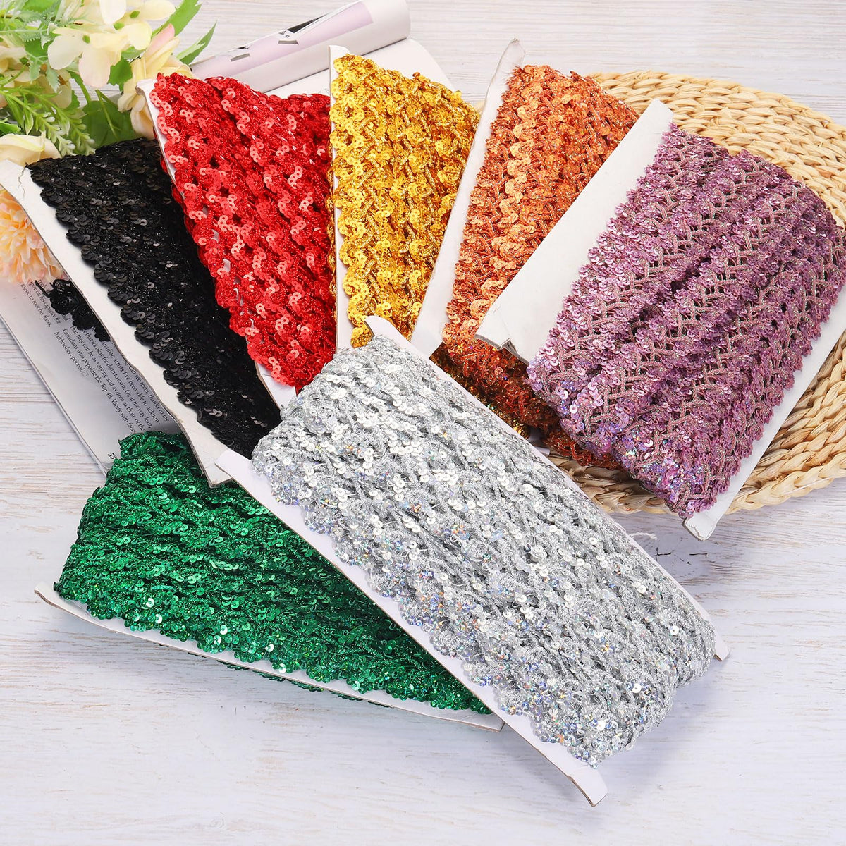 Sequins Beaded Lace Trim 1.1 Inch Wave Sequin Braid Trim Strip Paillette Sequins Ribbon Trim for Crafts - 15 Yard