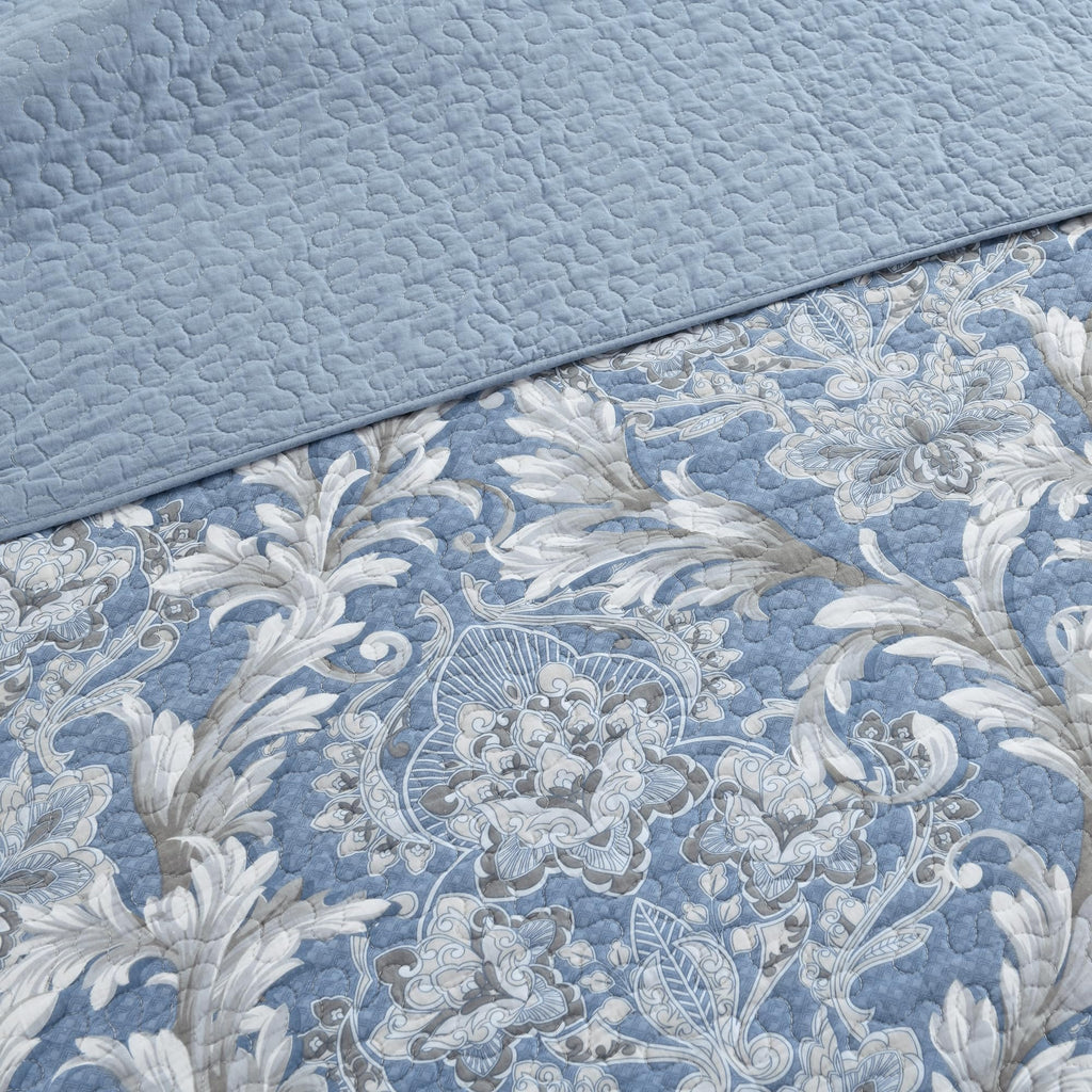 100% Cotton Blue Quilt Set, Damask Bedspread, Dusty Blue