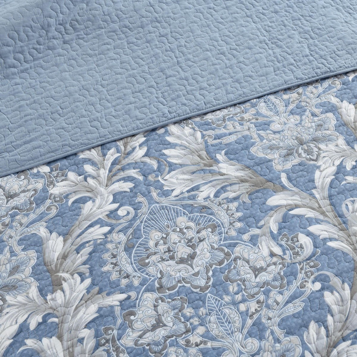 100% Cotton Blue Quilt Set, Damask Bedspread, Dusty Blue