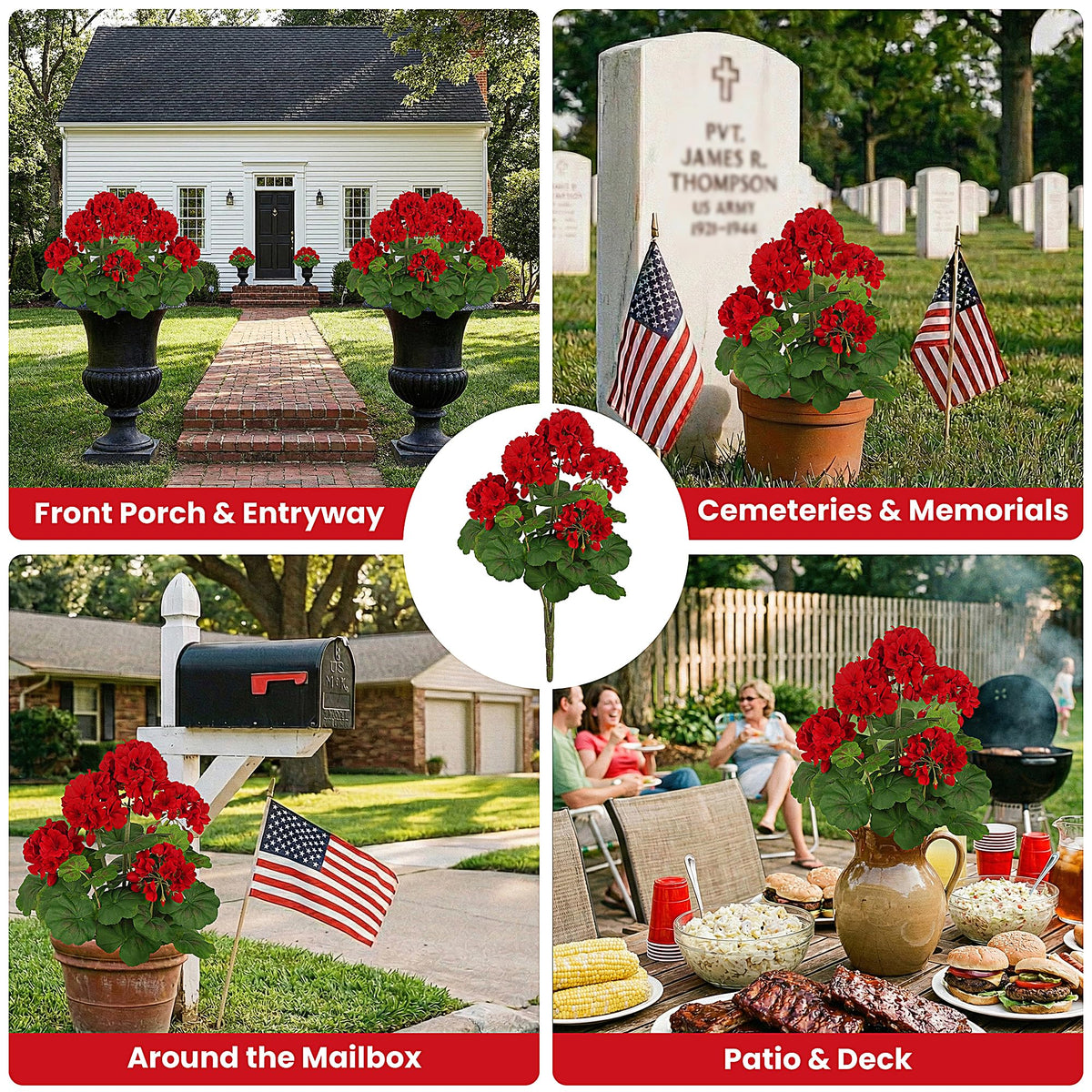 18"Artificial Geraniums for Outdoors, 2-Pack Red Silk Flowers