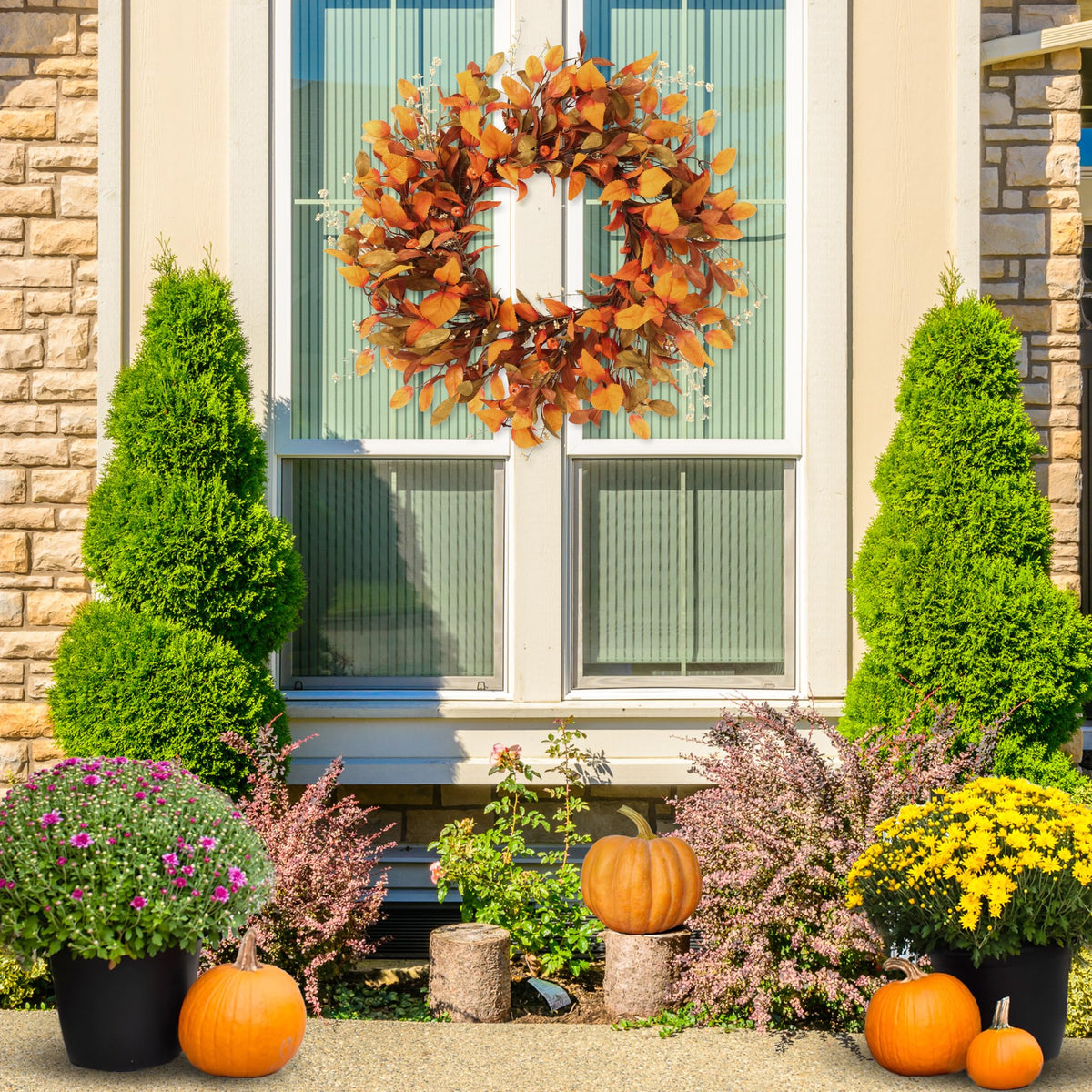 Artificial Fall Wreath 21'' Autumn Front Door Wreath with Fall Leaves Small Pumpkins Cluster of Berries for Outside