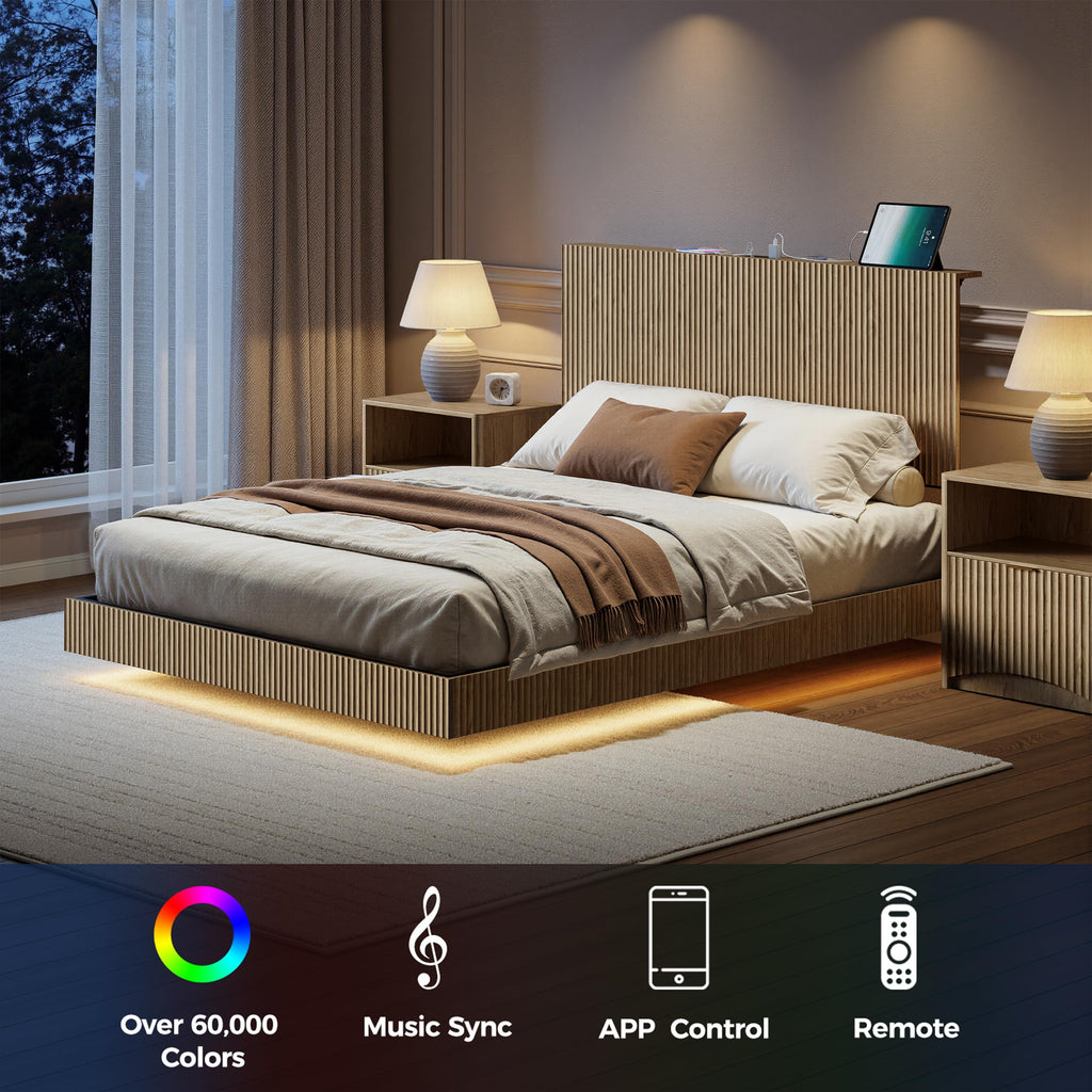 Oak Queen Floating Bed Frame with Headboard & Charging Station