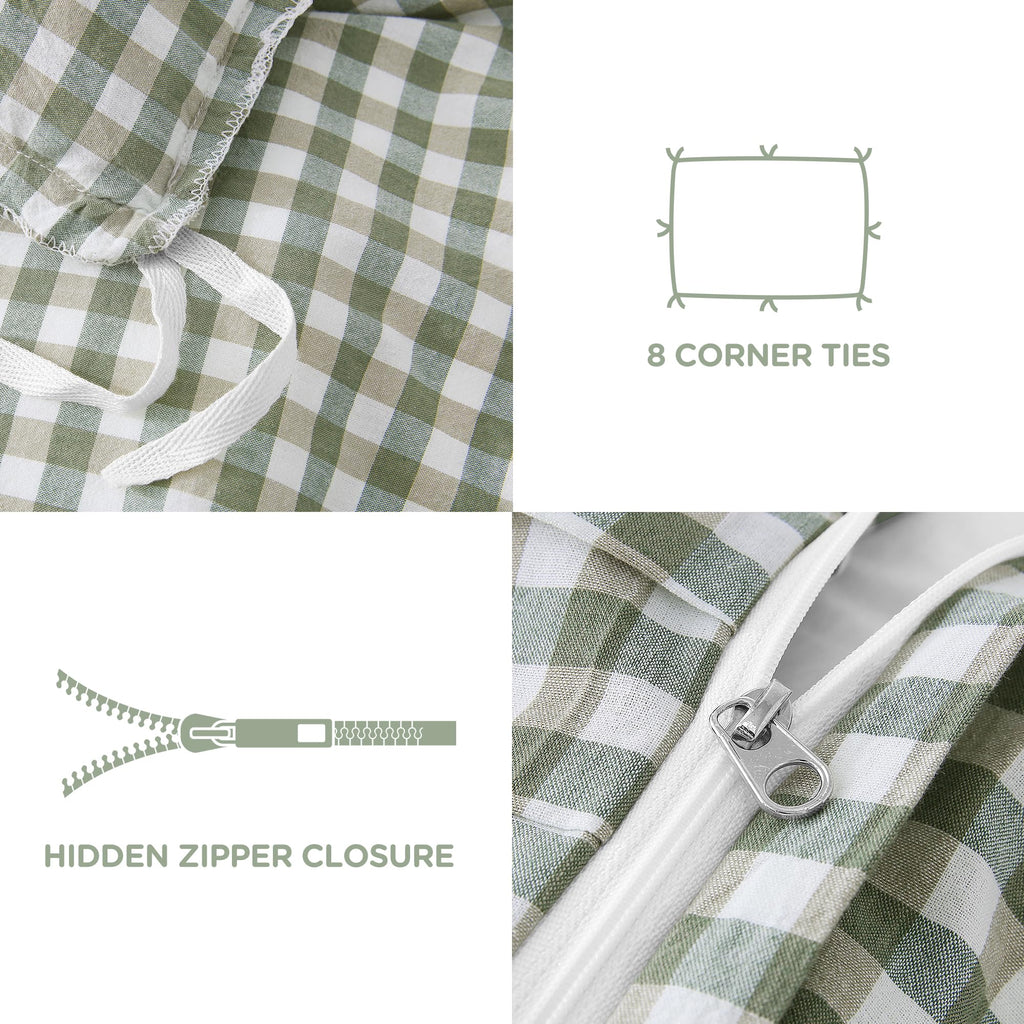 Green Gingham Ruffle Duvet Cover Set Cotton Like Linen
