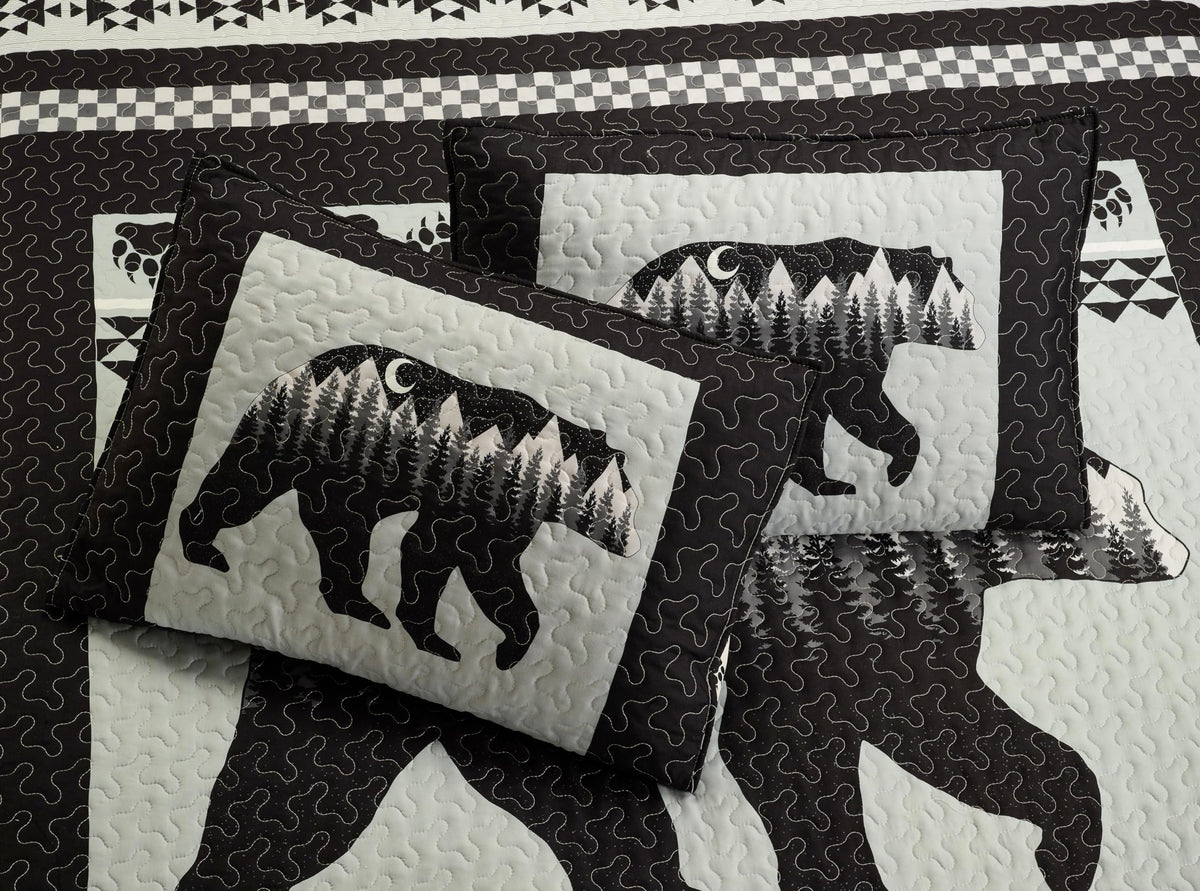 Moon Bear 3-Piece Quilt Set - 90"x90" Reversible Silhouette Cabin Bedding with 2 Standard Pillow Shams