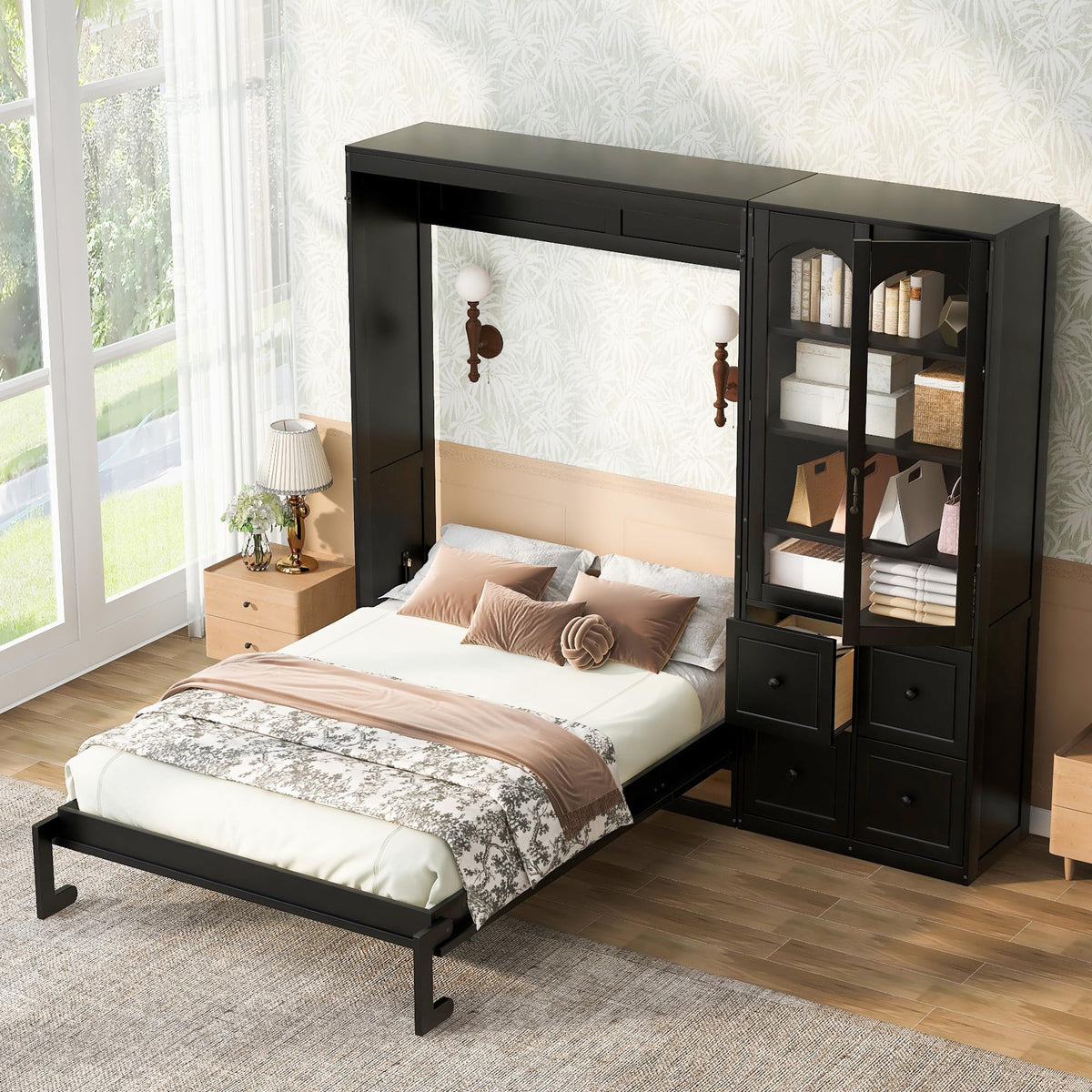 Queen Murphy Bed with Storage Drawers and Cabinet, Solid Wood Foldable Hidden Vertical Murphy Wall Bed with Storage