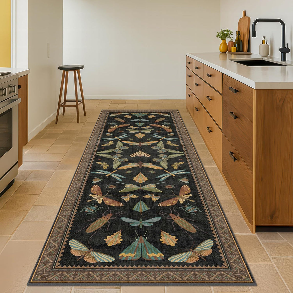 Dark Black Boho Rug Runners for Hallways, Washable Non Slip Long Runner Rug, Low Pile & Soft Stain Resistant