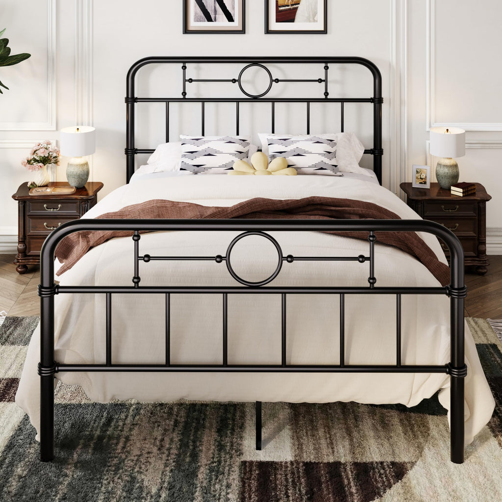 Metal Platform Bed Frame with Vintage Headboard