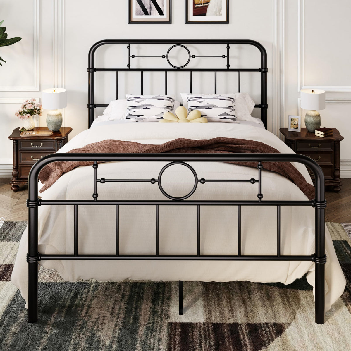 Metal Platform Bed Frame with Vintage Headboard