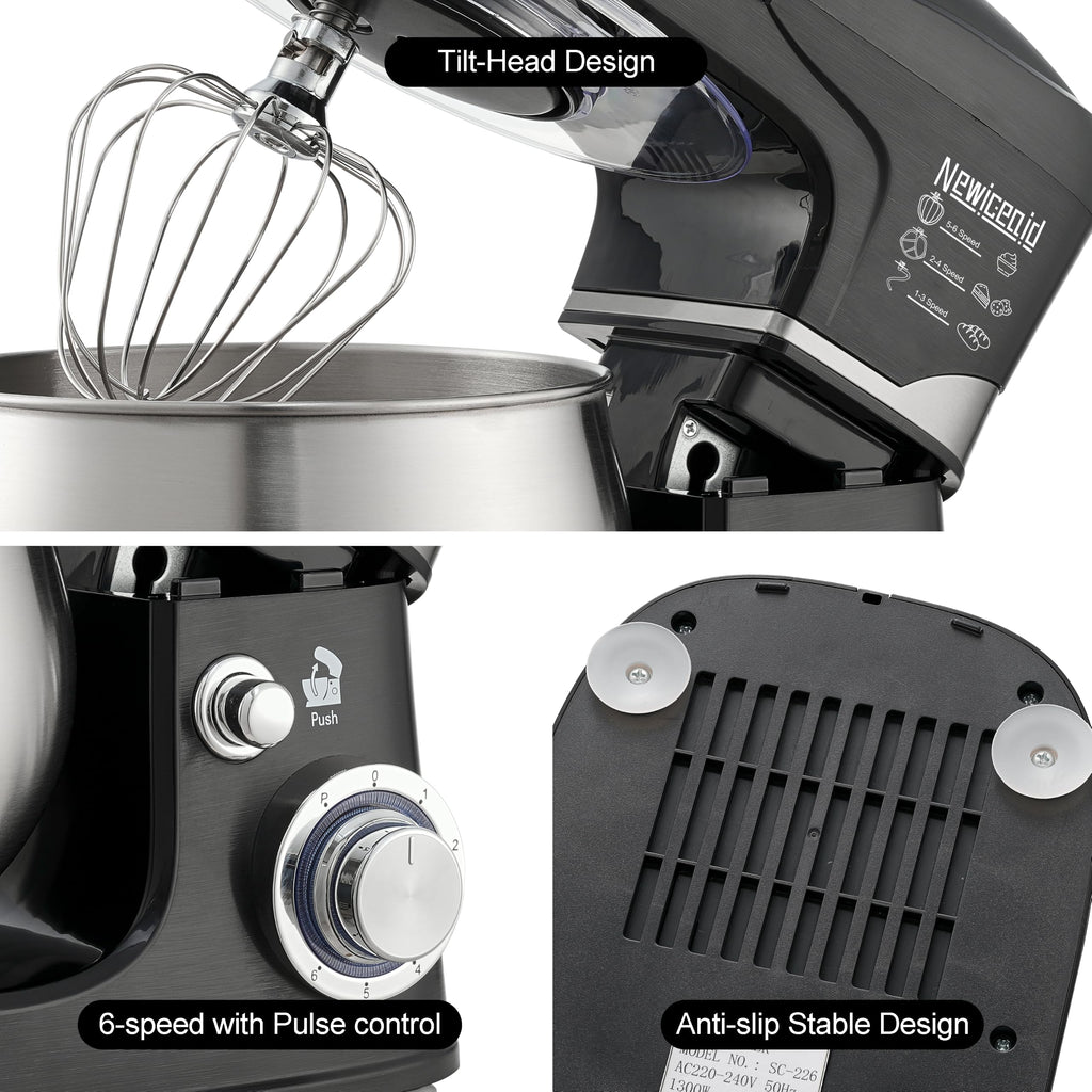 6-Speed 5.3QT+3.2QT Two-Bowl Stand Mixer, CHARCOAL BLACK