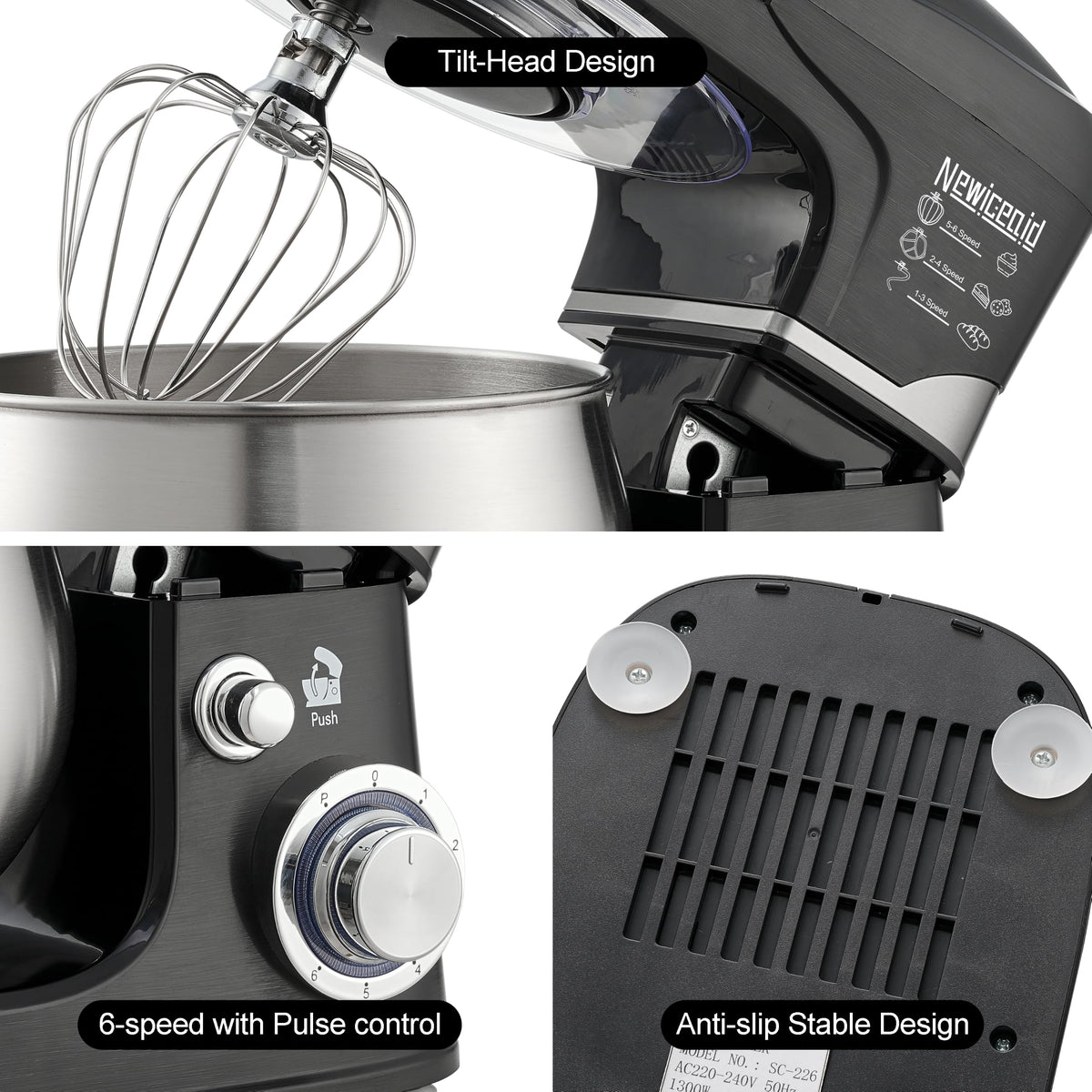 6-Speed 5.3QT+3.2QT Two-Bowl Stand Mixer, CHARCOAL BLACK