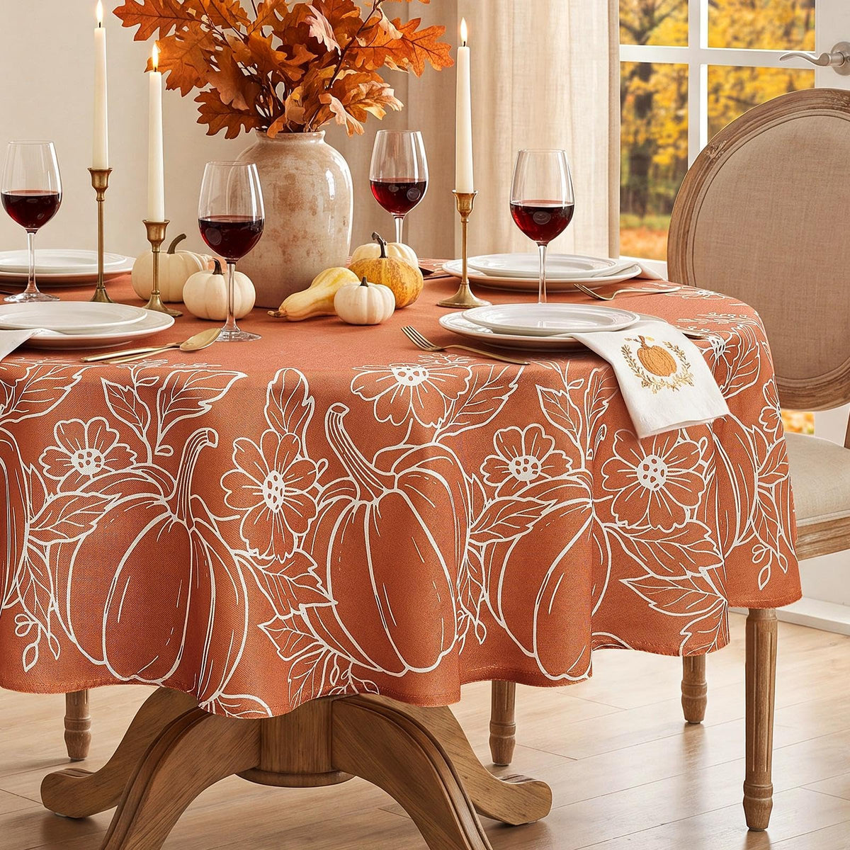 Faux Linen Round Fall Tablecloth 70 Inch, Autumn Table Cloth with Pumpkin & Maple Leaves, Orange Circle Table Cover