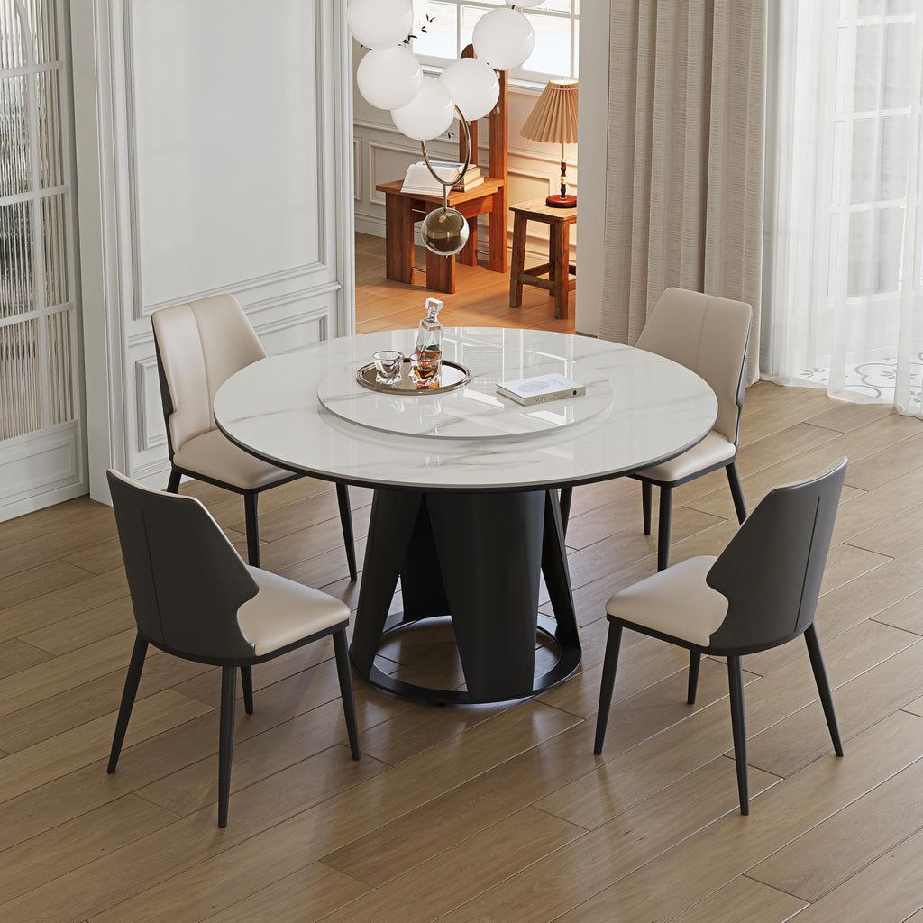 59" Round Dining Table, Modern Turntable Marble Dining Table with Lazy Susan, Sintered Stone Tabletop Dining Room