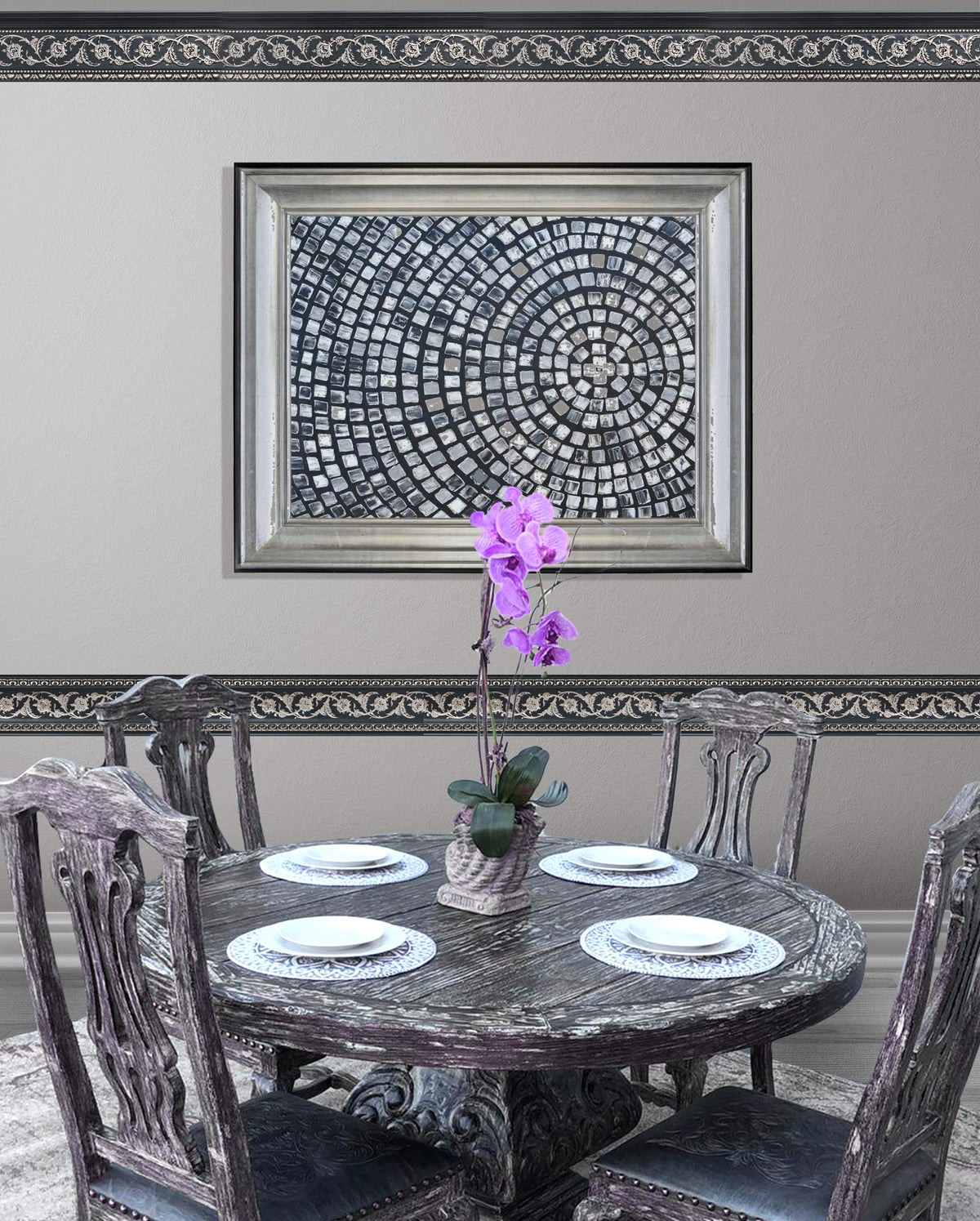 6 Pieces Chair Rail 94 Inch (Silver Floral on Black Chair Rail 94 Inch)