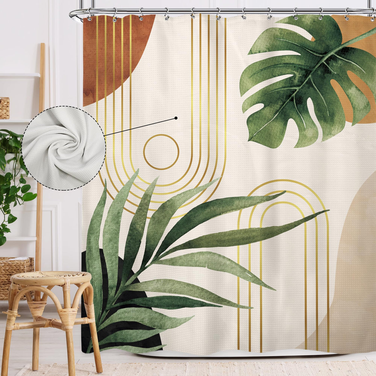 Waffle Boho Green Shower Curtain Thick Weighted Heavy Bathroom Curtain Set
