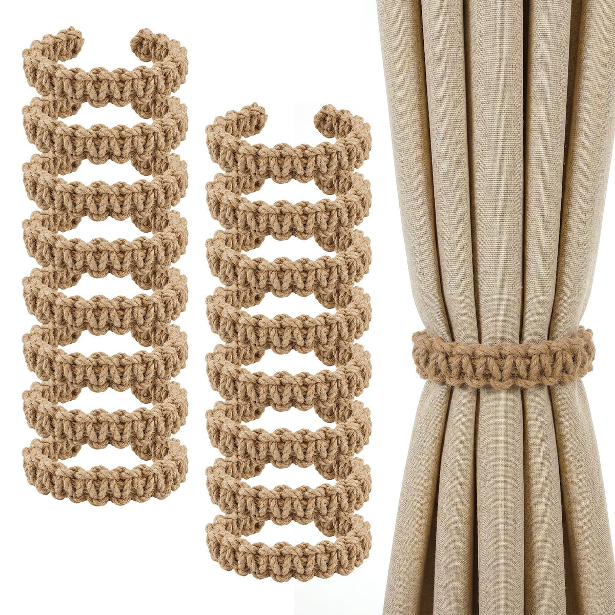 Braided Curtain Tiebacks for Drapes, Rustic Curtain Holdbacks Deco - 16 Pack