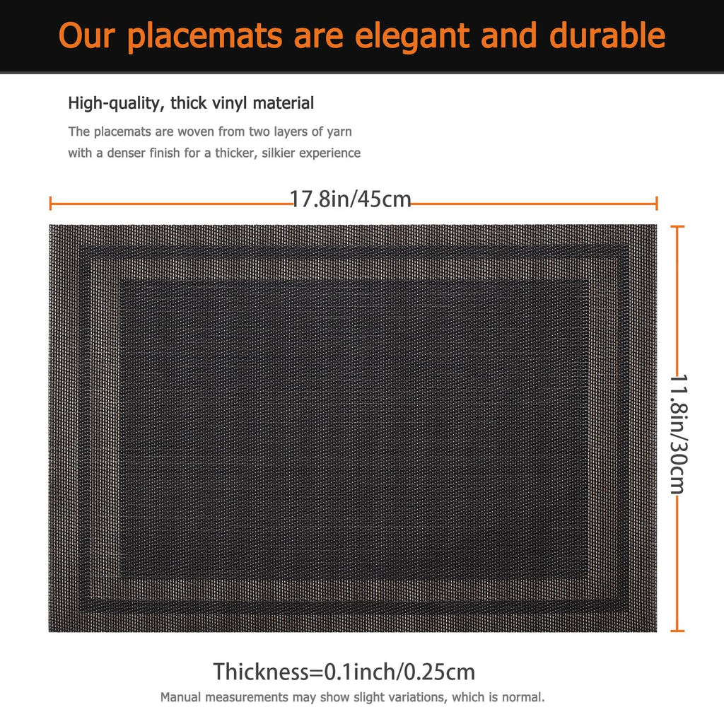 Black Gold Vinyl Placemats Set of 6, Heat Resistant Table Placemats