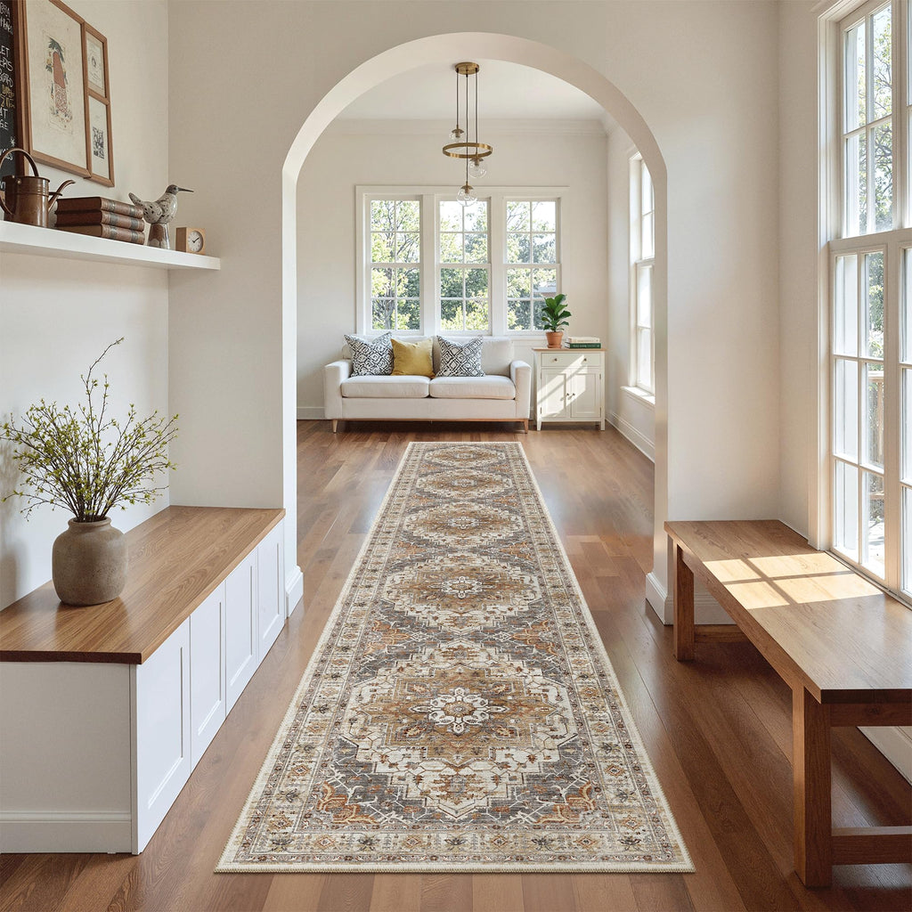 Washable Runner Rugs 2x12 Long Kitchen, Turmeric/Grey