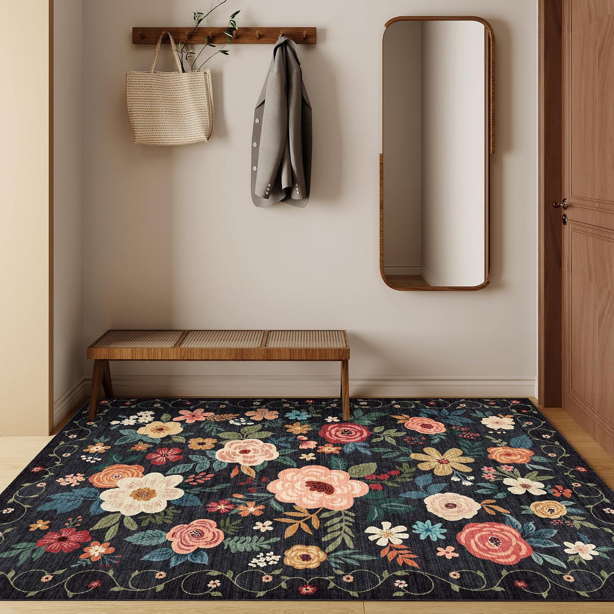 Area Rug, Floral Washable Rug Non Slip, Black