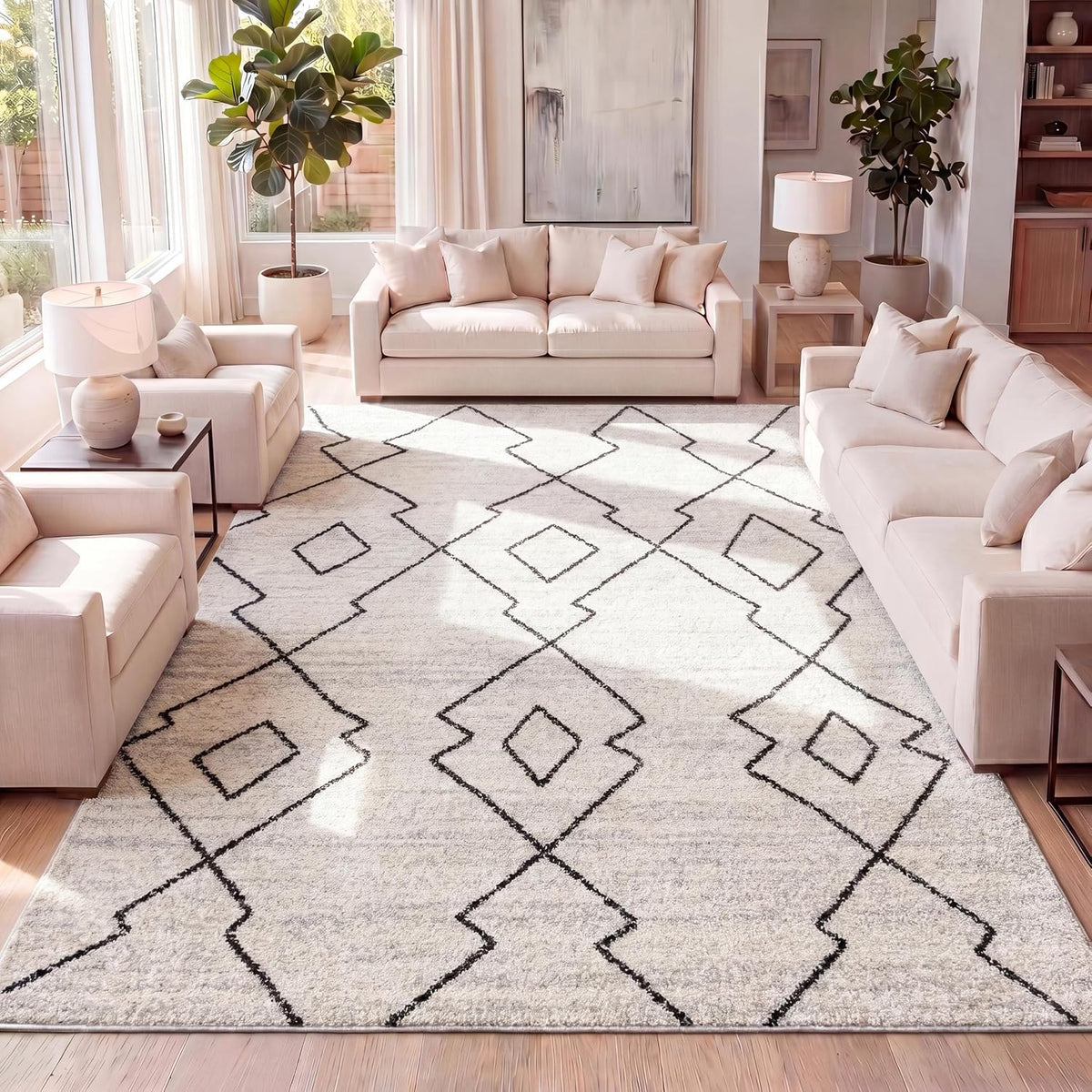 Alia Moroccan Beni Souk Cream/Black Indoor Area Rug, Bohemian, Scandinavian, Easy-Cleaning, Pet Friendly