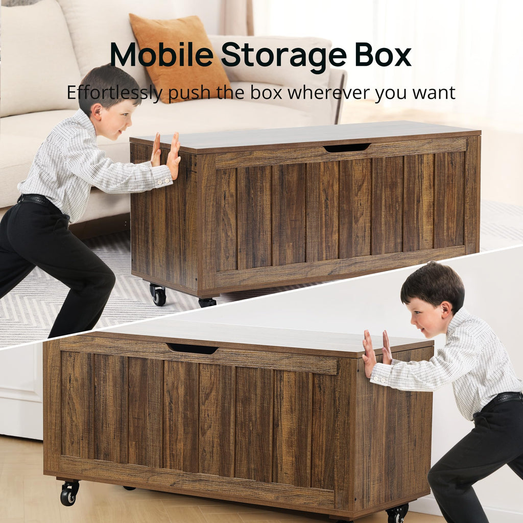Storage Chest, 39.4'' Wooden Storage Bench with 4 Wheels & 2 Safety Hinges, Retro Toy Box Support 300 lbs, Easy