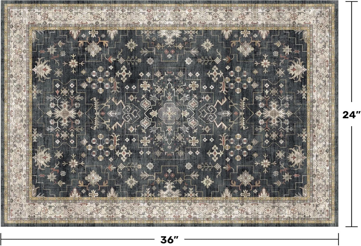 Black Washable Entryway Rug, Non-Slip Indoor Door Mat with Rubber Backing Vintage Floral
