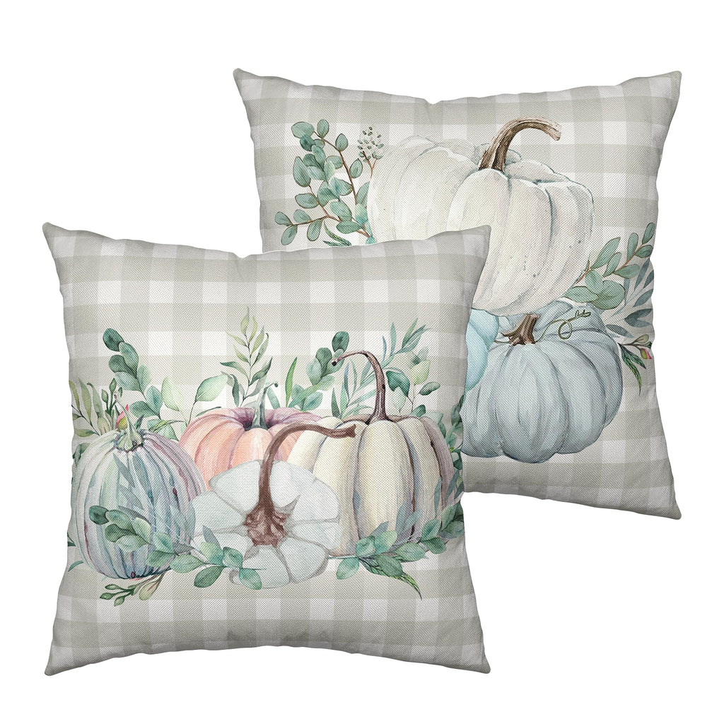 Fall Thanksgiving Pillow Covers 18x18 Set of 2 Watercolor Blue Pink Pumpkin Throw Pillow Covers Grey Plaid Autumn