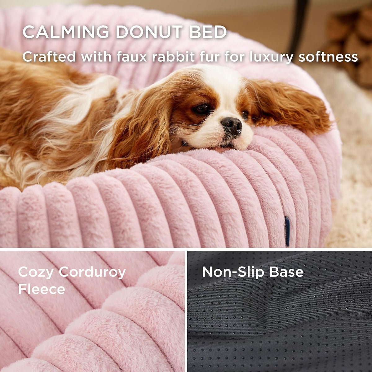 ComfyFleece Donut Small Dog Bed - Dog Beds for Small Dogs with Corduroy Fleece & Anti Slip Bottom, Round Faux Fur