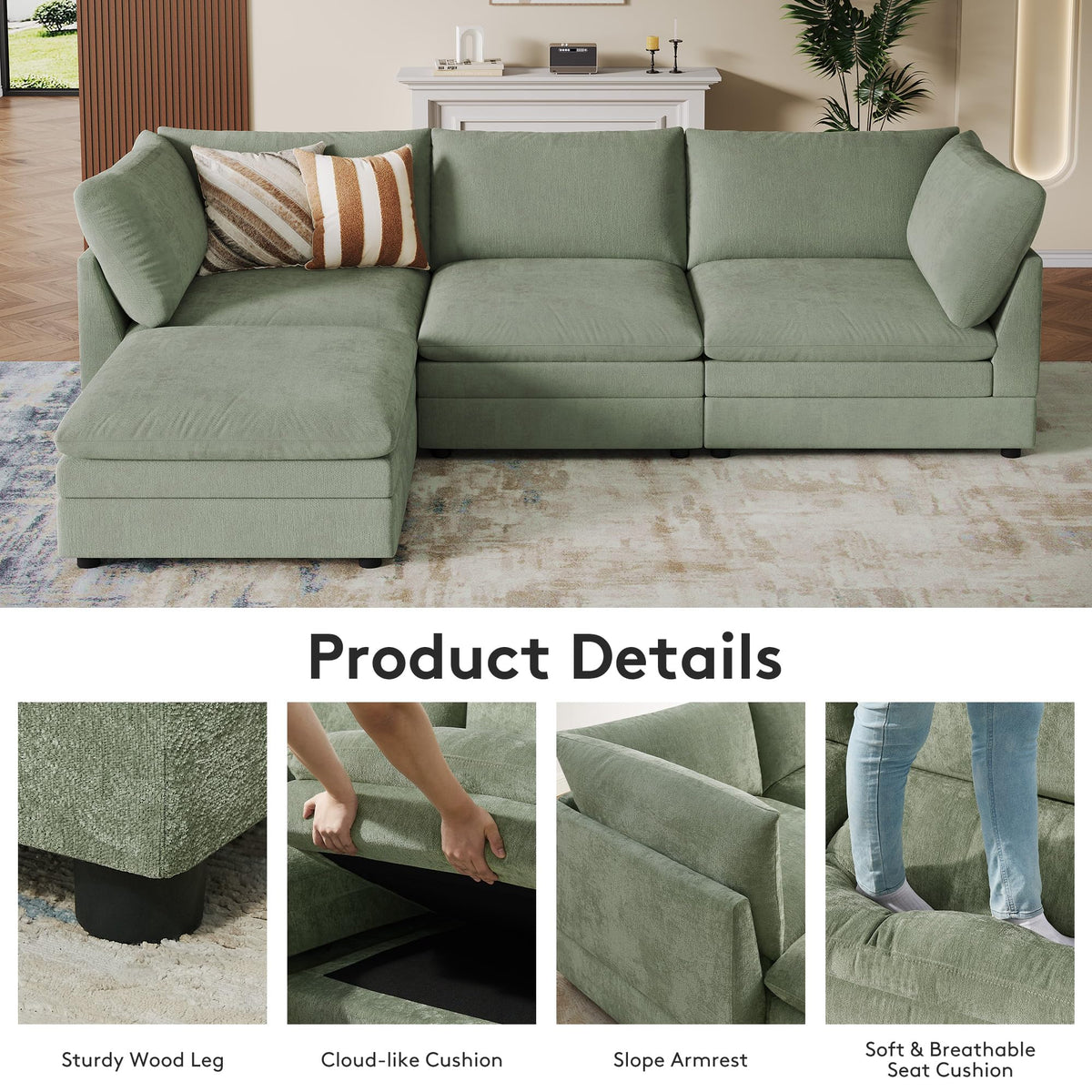 98" Large Cloud Modular Sectional Sofa with Ottoman, Sage Chenille