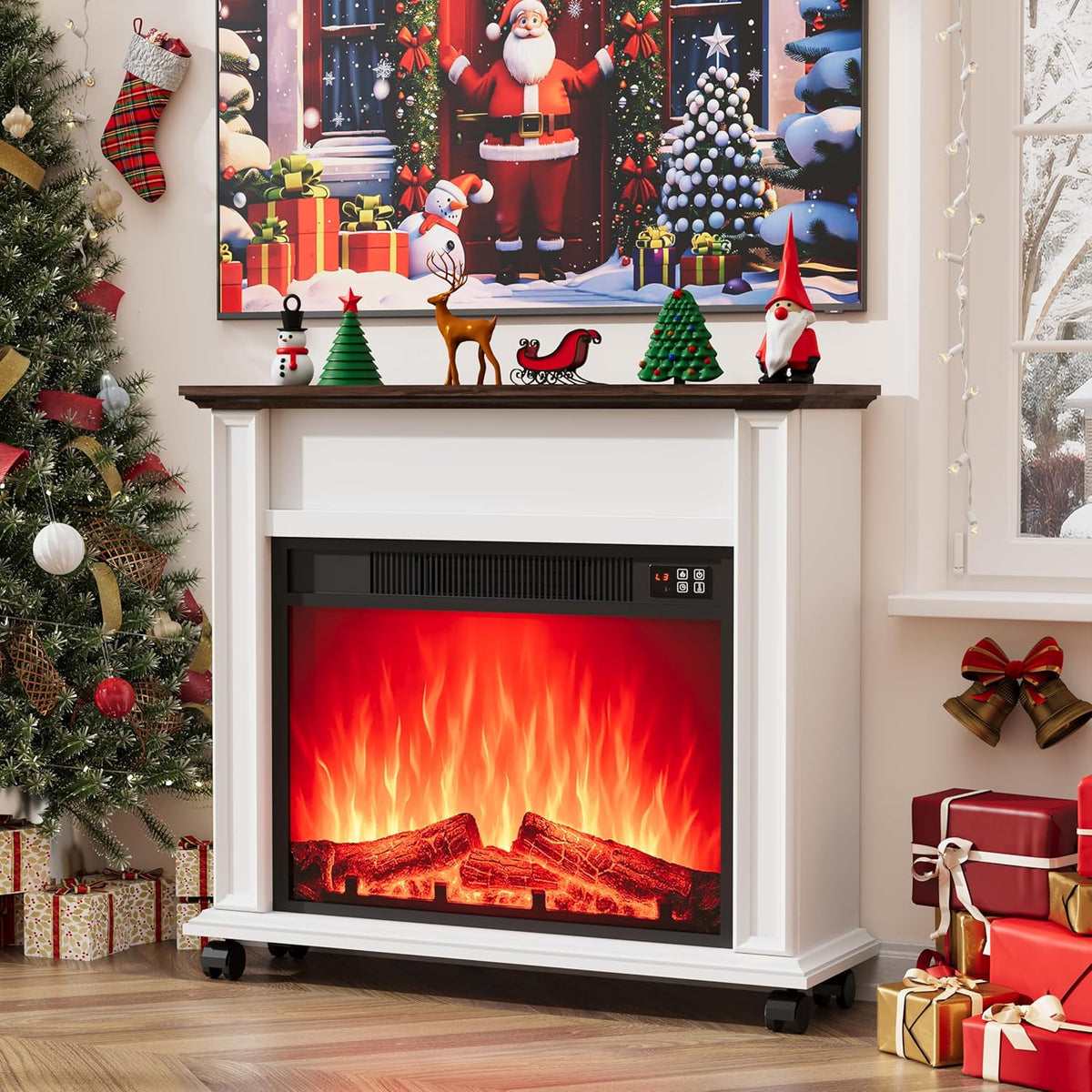 Farmhouse Electric Fireplace TV Stand with Mantel, White Entertainment Center with 23 Inch Fireplace Heater and Rolling Base for Living Room or Bedroom