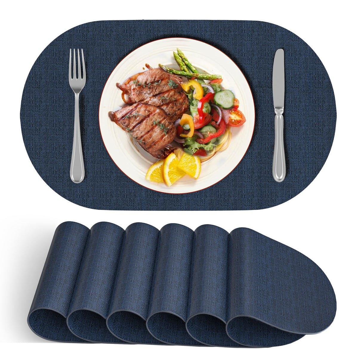 Oval Placemats Set of 6, Navy Blue Faux Leather Table Place Mats
