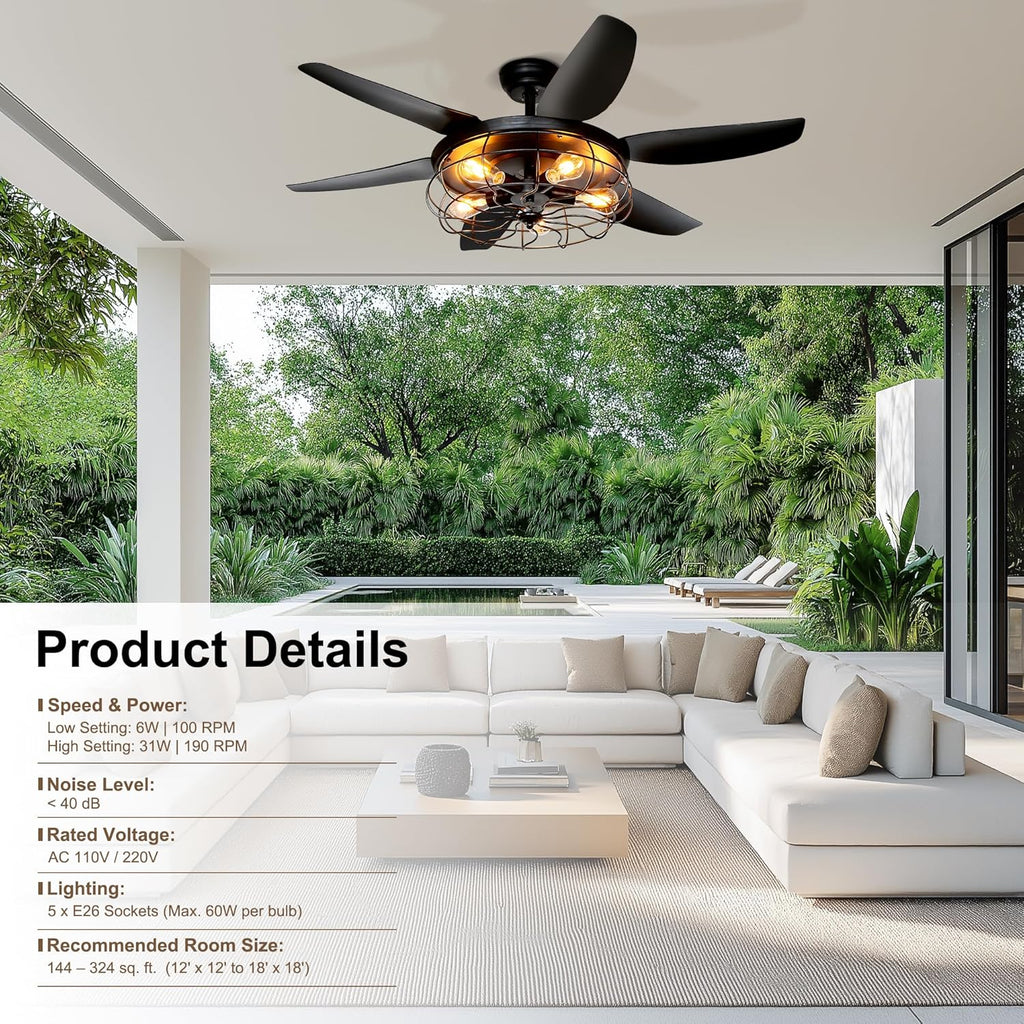 52" Black Caged Ceiling Fan with Light & Remote