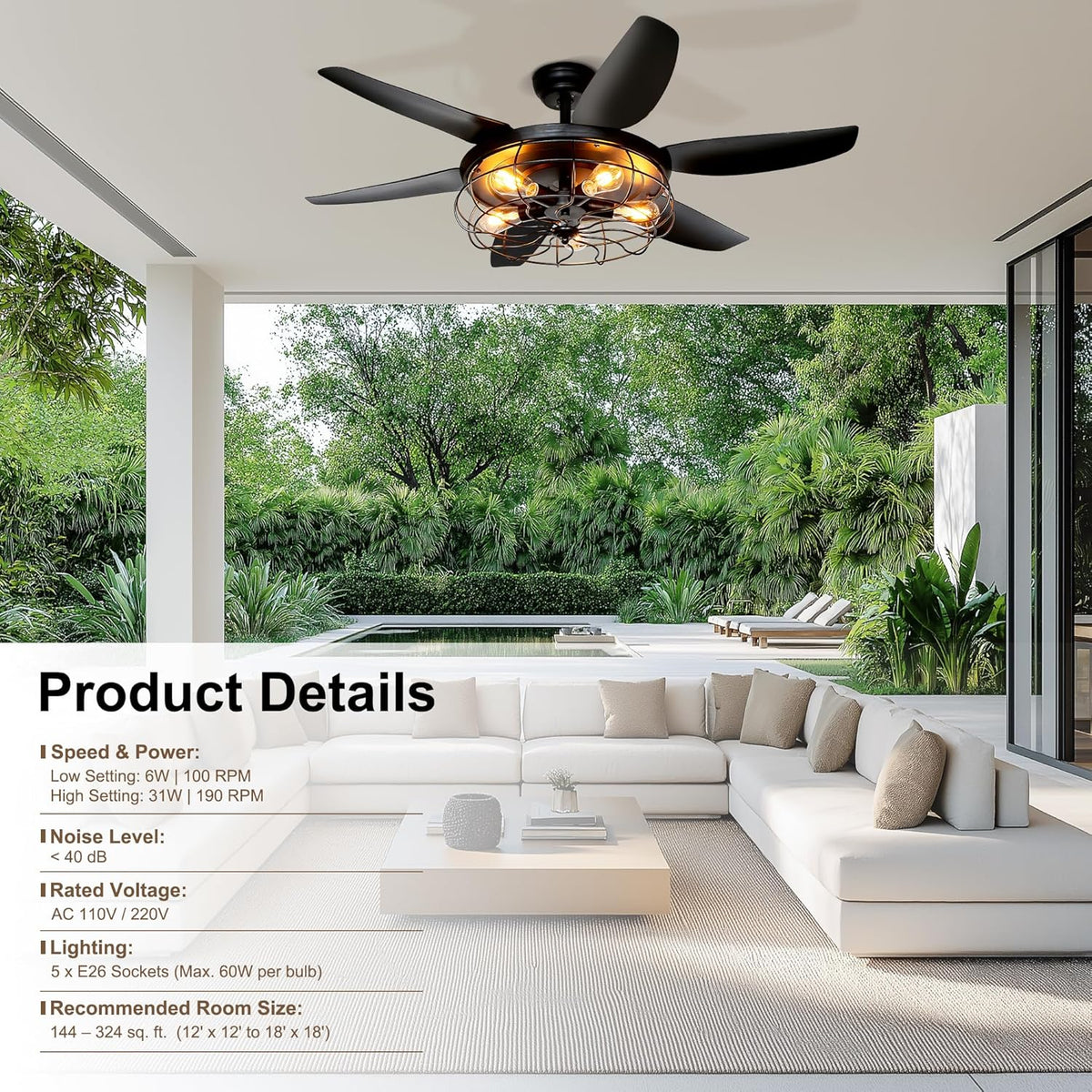 Ceiling Fans with Lights and Remote - 52 Inch Farmhouse Ceiling Fan with Caged Light Fixture - Black Industrial