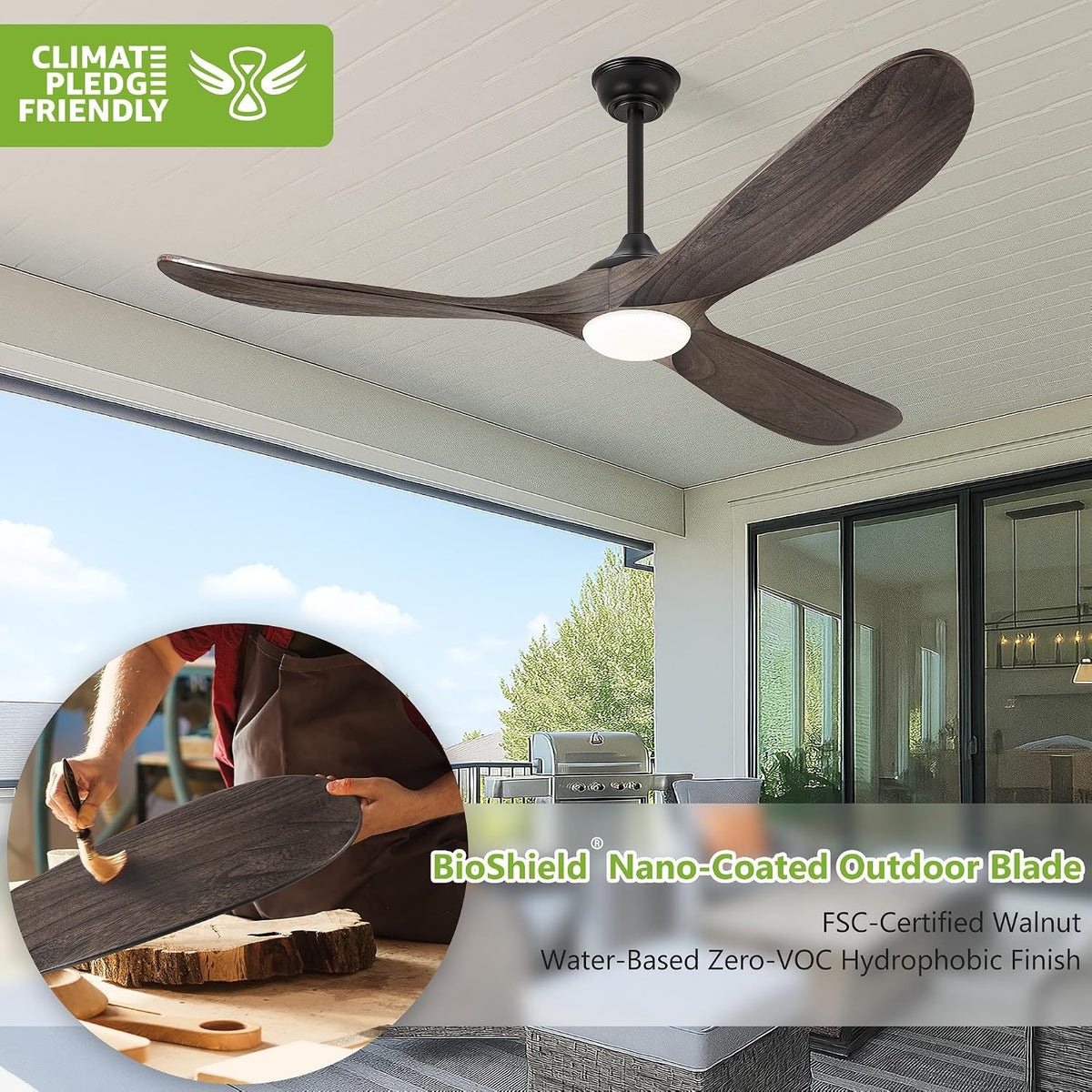 Inspired Maverick Style 60 Inch Outdoor Ceiling Fans with Lights, Propeller Solid Wood Ceiling Fans with Light and Remote Control for Outdoor Ceiling Fan with Light for Patio Farmhouse, DC ETL Listed, Deep Brown
