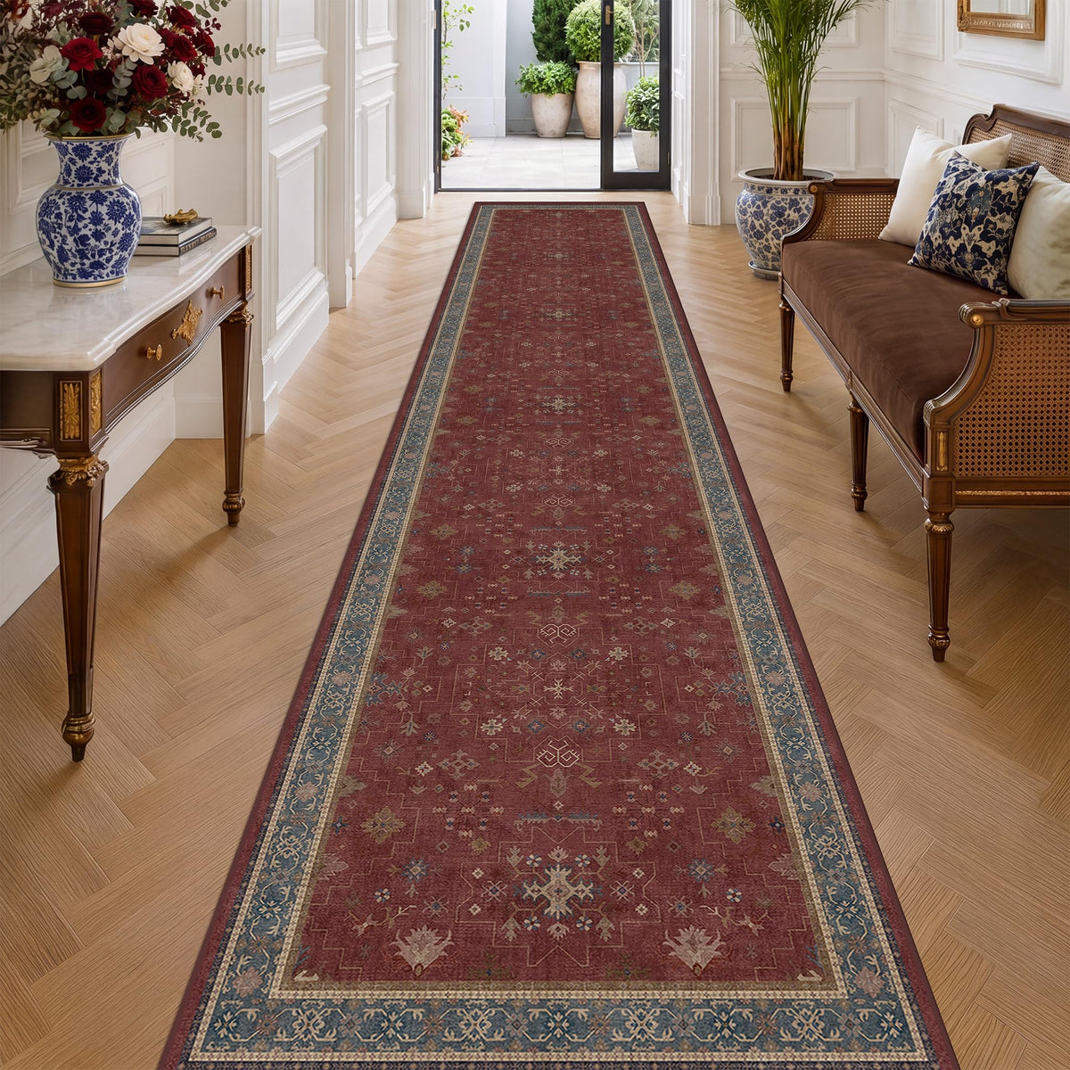 Boho Washable 3x16 Extra Long Hallway Runner Rug, Burgundy Waterproof Large Kitchen Floor Rug Indoor, Non-Slip Stain