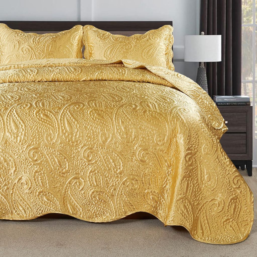 Quilted Satin Bedspread Set - 3-Piece Luxury Reversible Bed Cover