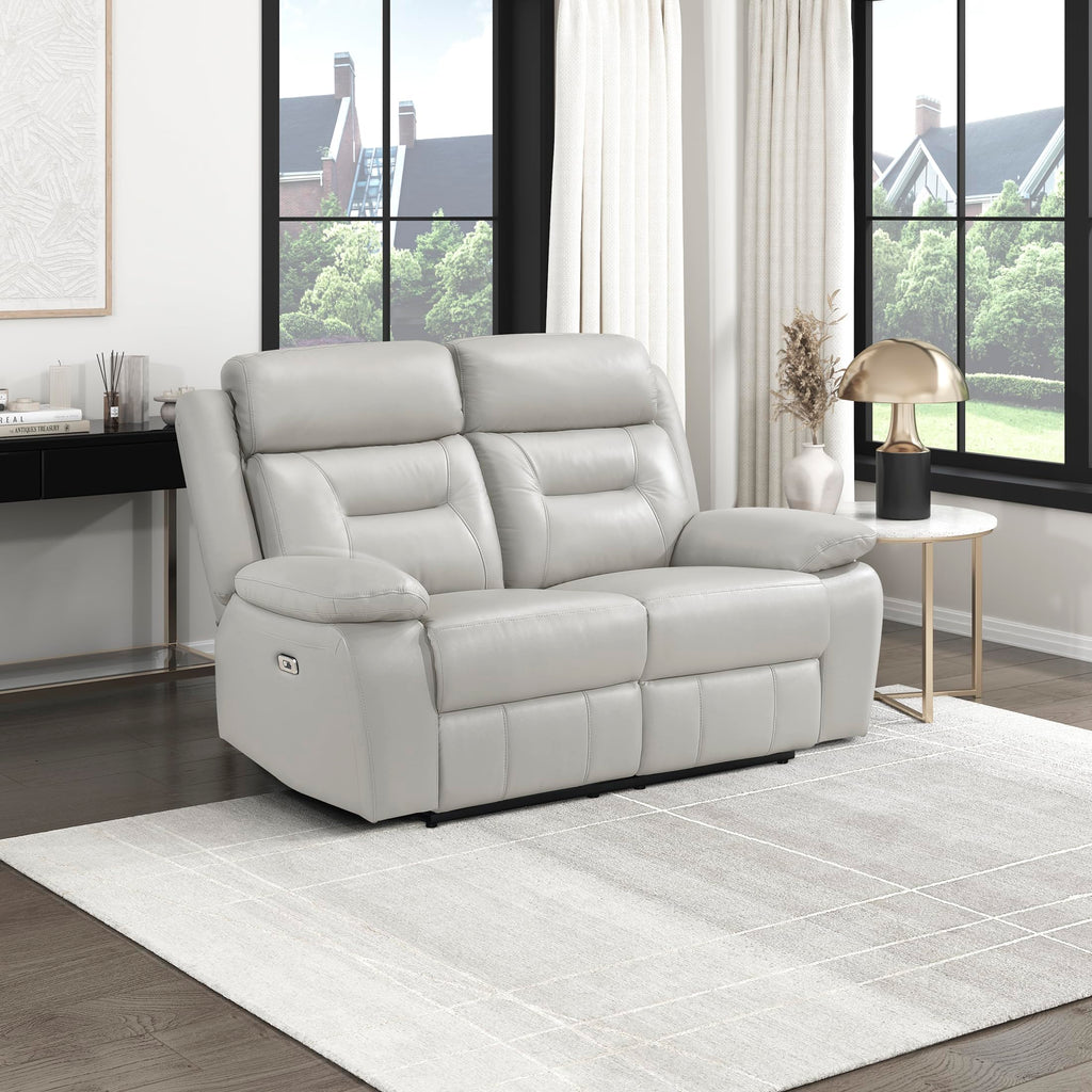 Top Grain Leather Match Power Double Recliner Loveseat, Silver