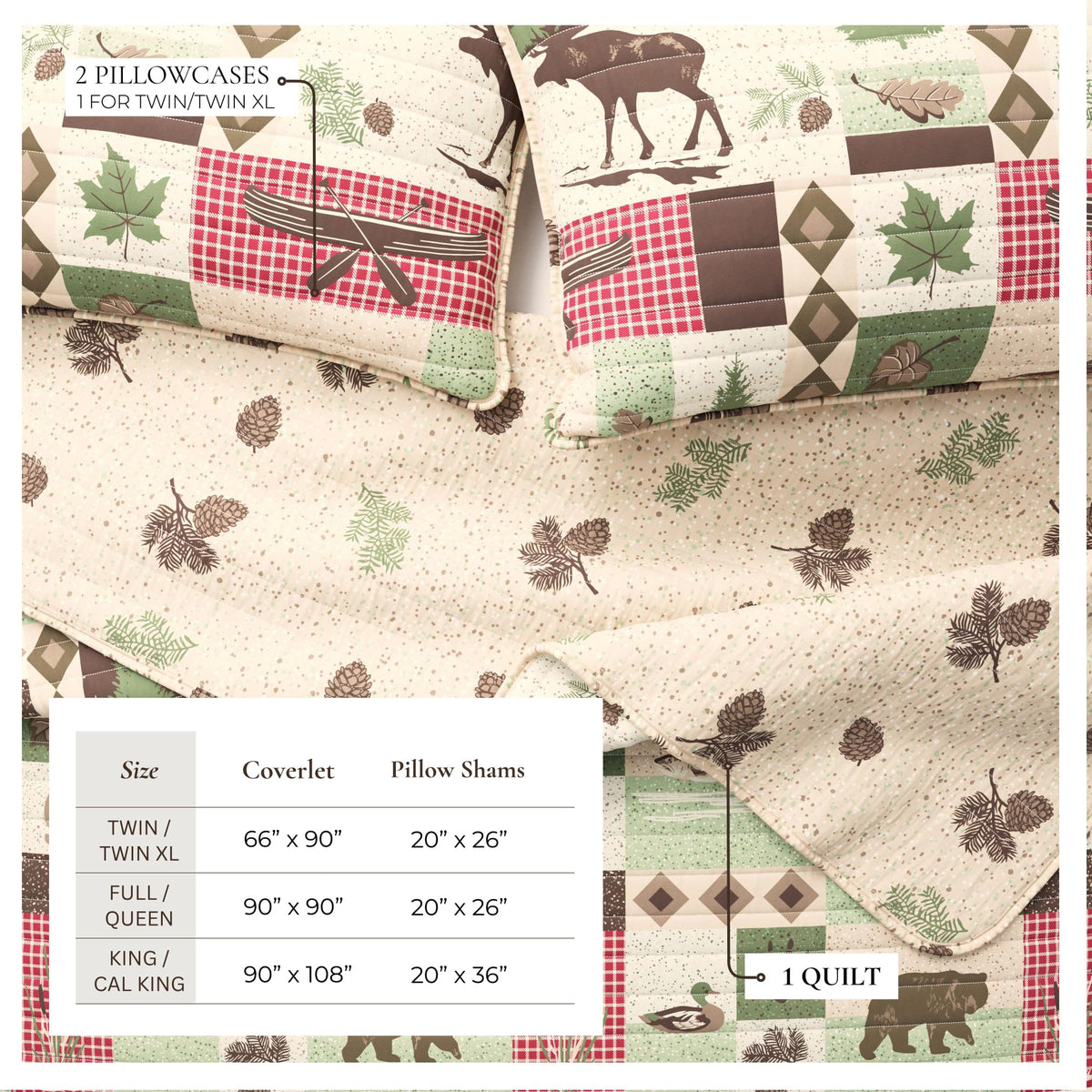 Lodge Quilt Set - 3-Piece Size Rustic Bedding Set - Lightweight, All-Season, Reversible