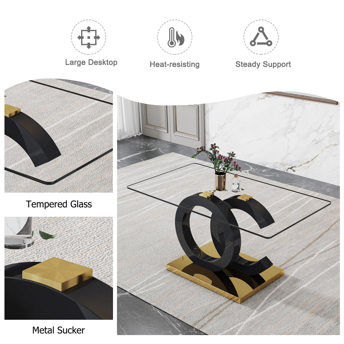 Inspired Saarinen Style 63" Modern Glass Dining Table for 6, Black OC-Shape Pedestal & Gold Base, Rectangular Tempered Glass Kitchen Table