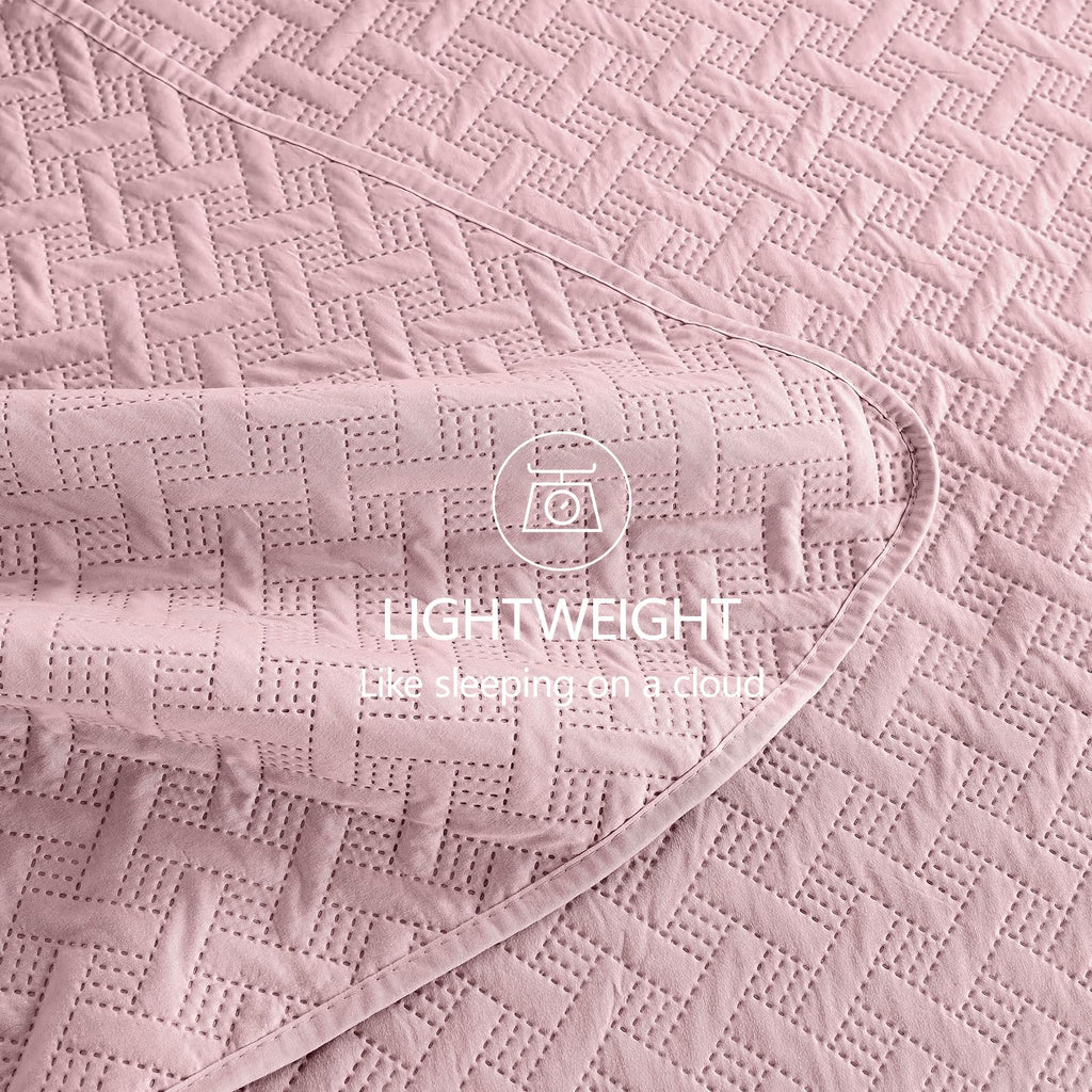 Quilt Bedding Set Pink Lightweight Bedspreads Set, Modern Style Geometric Weave Stripe Pattern, Soft