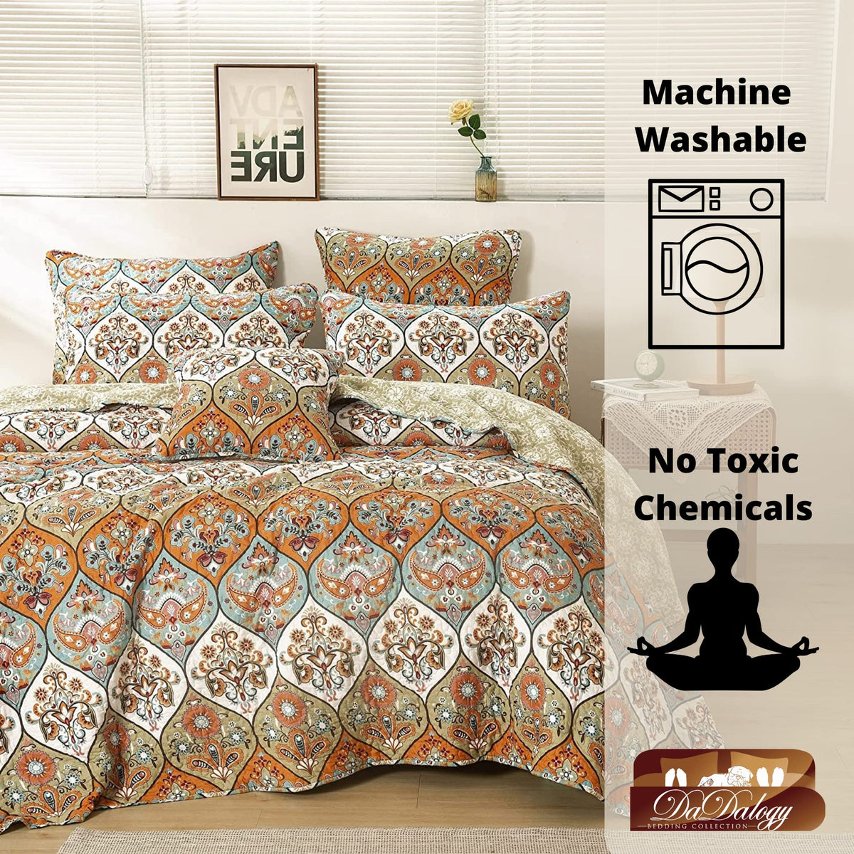 Bohemian Bedspread Set - Floral Paisley Garden Party Reversible Coverlet - Bright Vibrant Multi-Colorful Blue Salmon