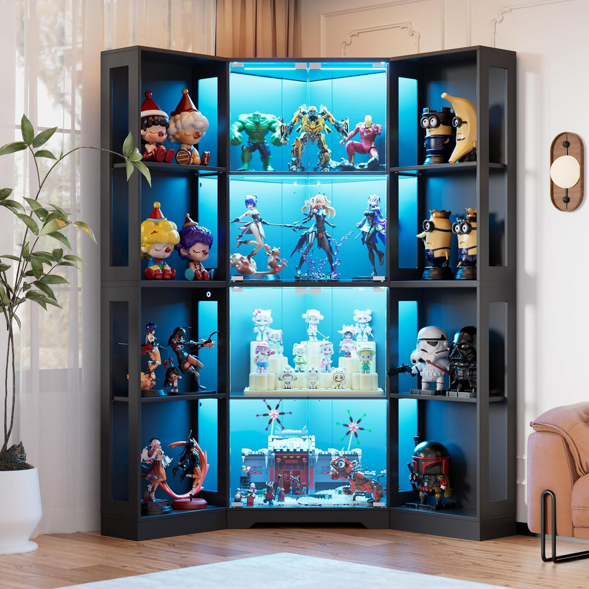 Corner Display Curio Cabinet with Glass Doors,65" Lighted Collectibles Showcase with 3 Color LED Lights,4-Tier