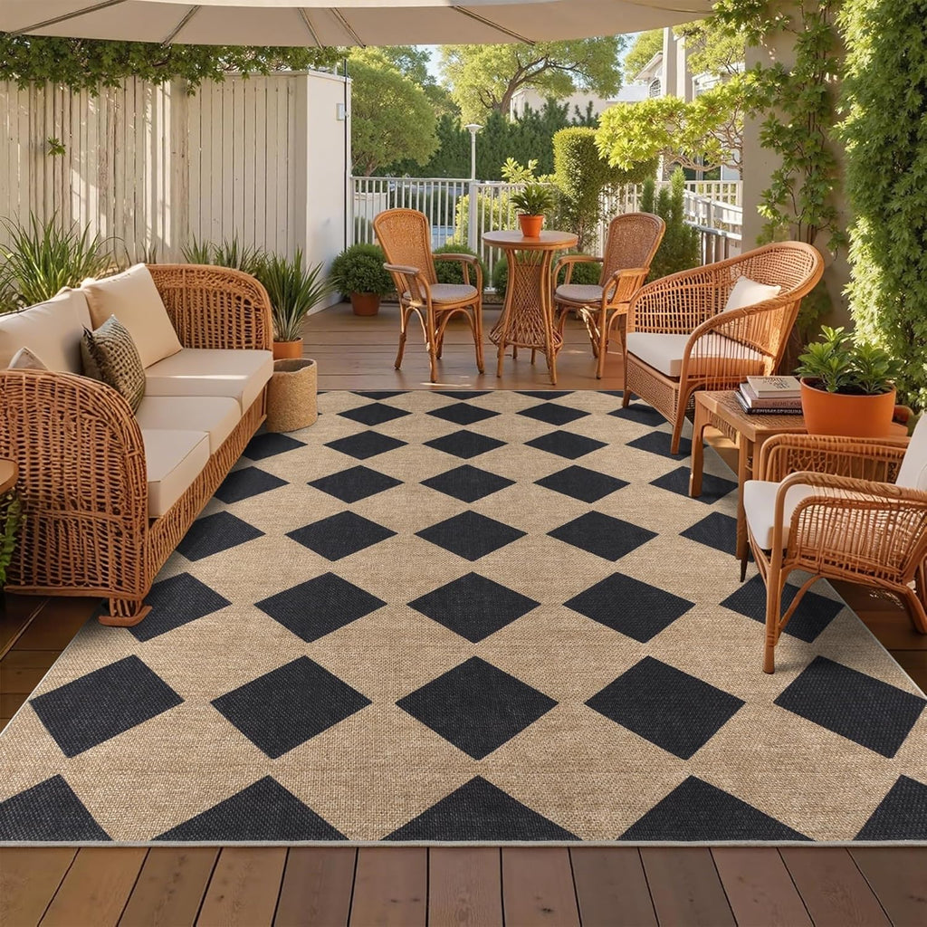 Checkered Easy Jute Rug 8x10 Outdoor Rug Large Washable Area Rugs for Living Room Bedroom Non Slip Neutral Farmhouse