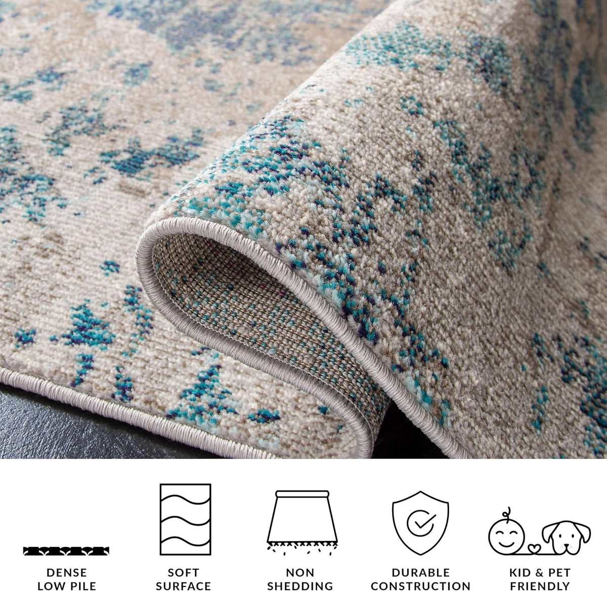 Madison Collection X-Large Area Rug, Blue & Grey, Modern Boho Abstract Design, Non-Shedding & Easy Care