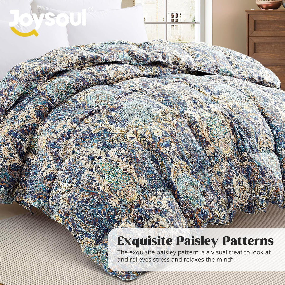 Down Comforter with Paisley Floral - All Season Ultra Soft Goose Feather Fiber