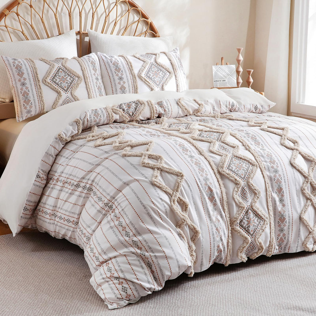 Beige 100% Cotton Boho Duvet Cover Set Queen Size, 3-Piece Tufted Textured Modern Boho Moroccan Bedding, Aztec