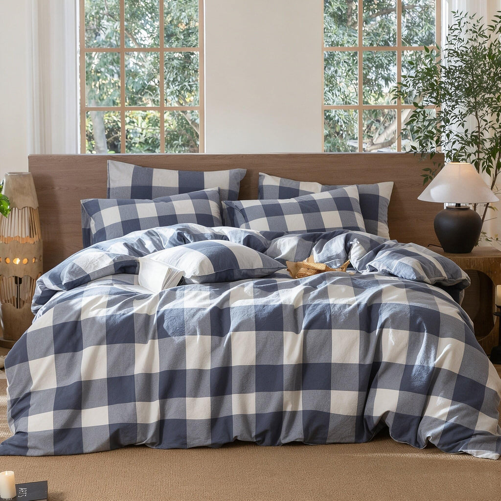 Blue White Buffalo Plaid Duvet Cover Set 100% Washed Cotton