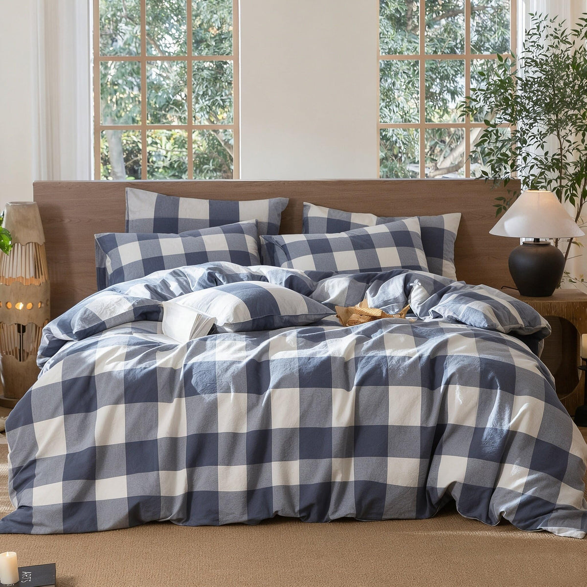 Blue White Buffalo Plaid Duvet Cover Set 100% Washed Cotton