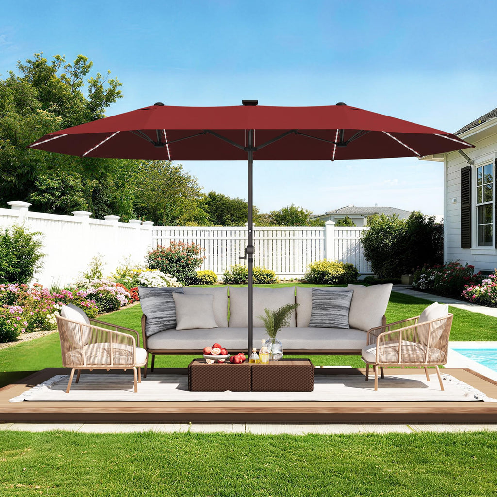 15ft Rectangular Patio Umbrella with Solar LED Lights, Double-Sided Outdoor Market Umbrella Extra Large Shade for